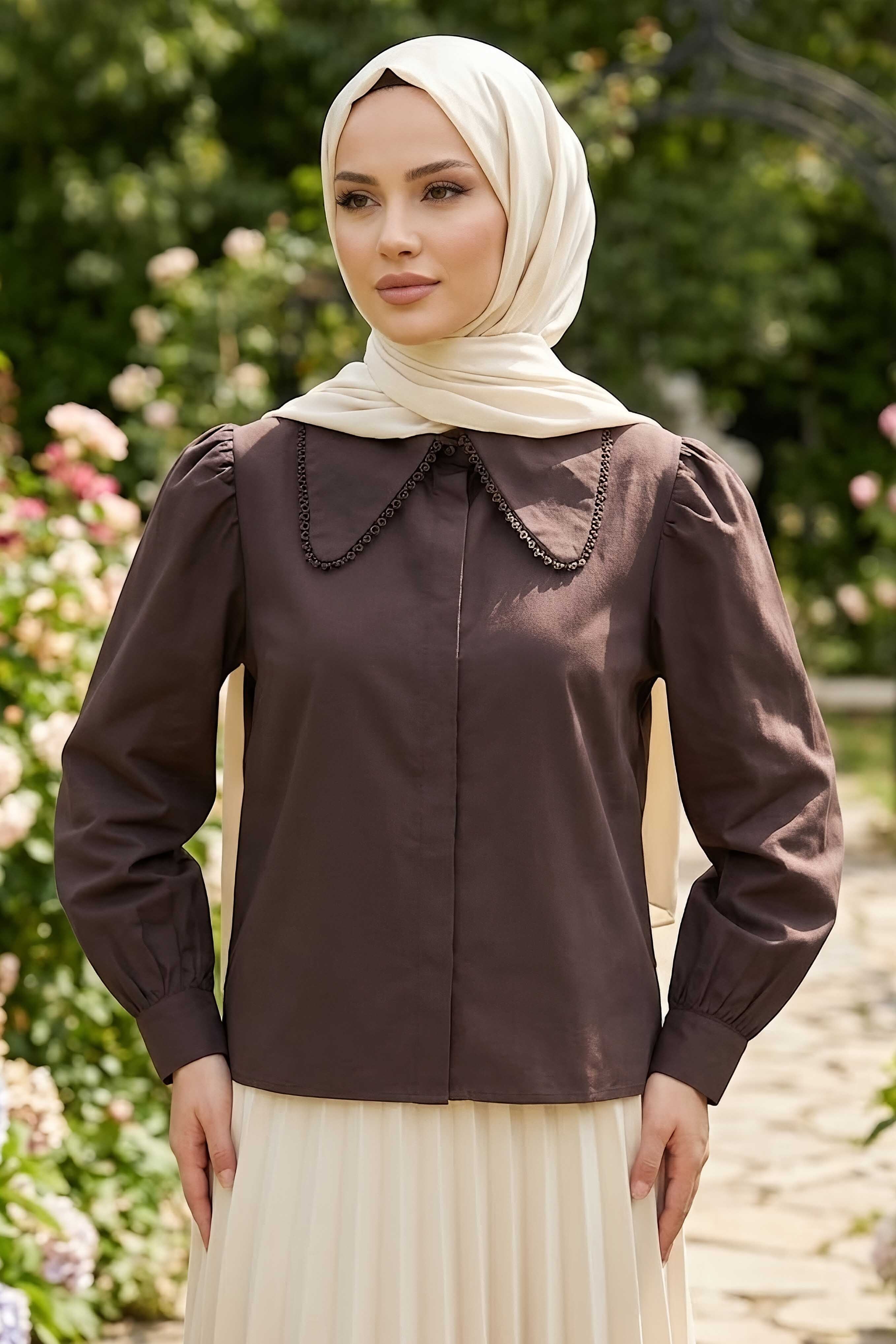 Yaka Dantel Detaylı Kısa Gömlek Kahve - 28660-KAHVE - 2