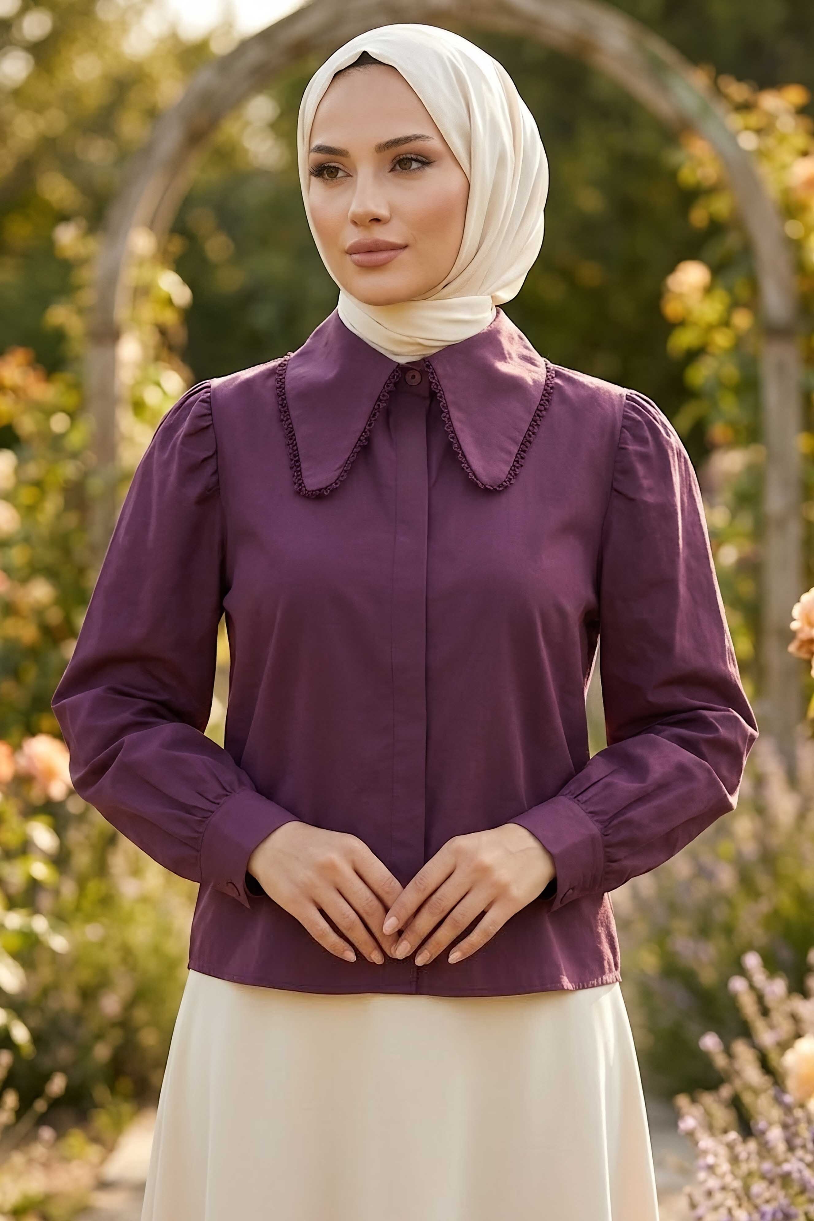 Yaka Dantel Detaylı Kısa Gömlek Koyu Mor - 28660-KOYU-MOR - 2