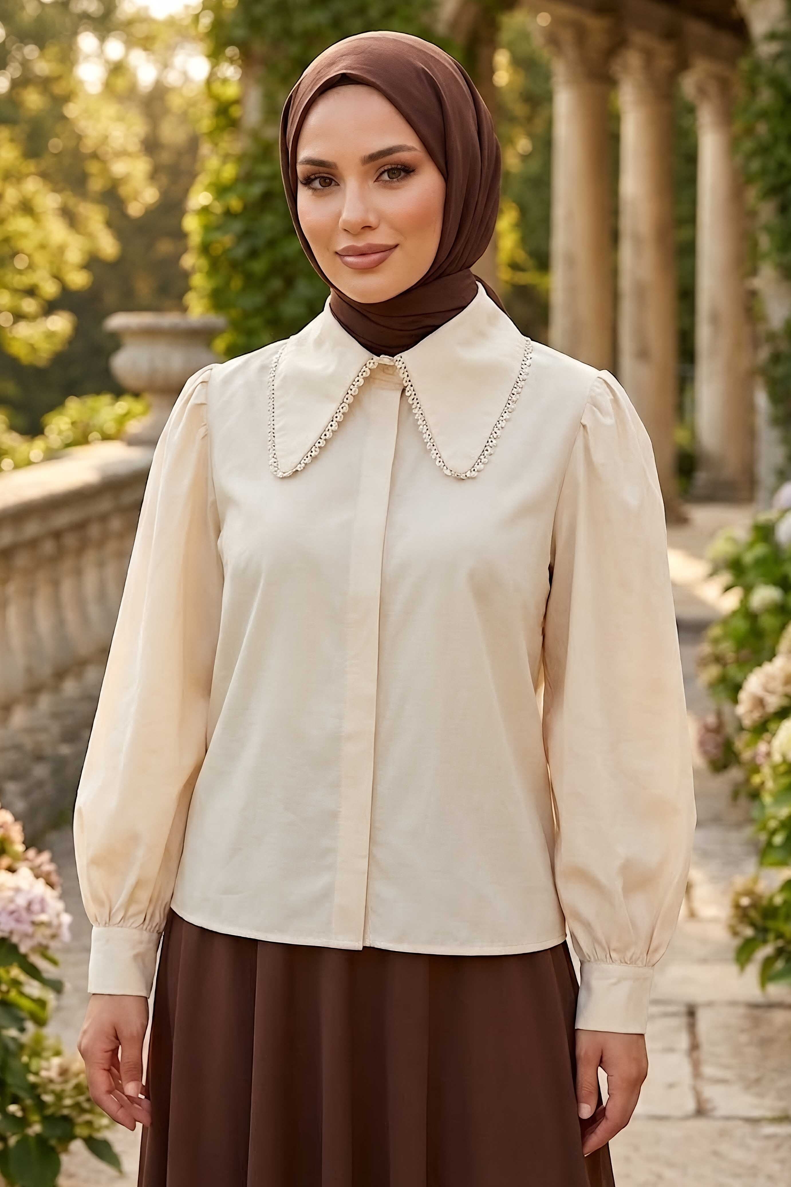Yaka Dantel Detaylı Kısa Gömlek Krem - 28660-KREM - 1