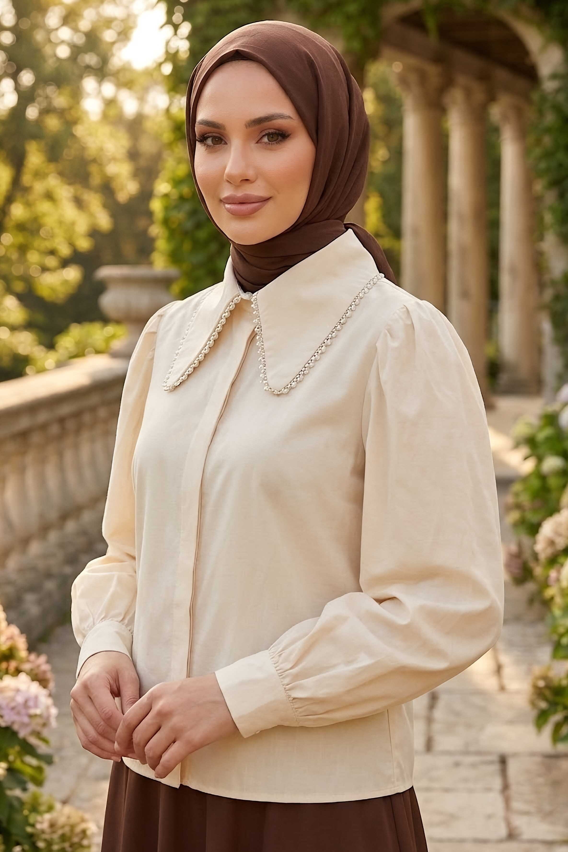 Yaka Dantel Detaylı Kısa Gömlek Krem - 28660-KREM - 2