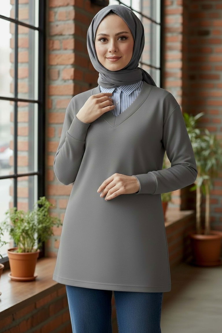 Yaka Detaylı Modal Tunik - 1026-FUME - TOFİSA