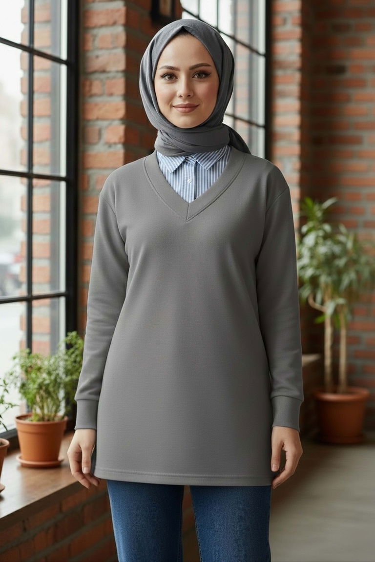 Yaka Detaylı Modal Tunik - 1026-FUME - TOFİSA