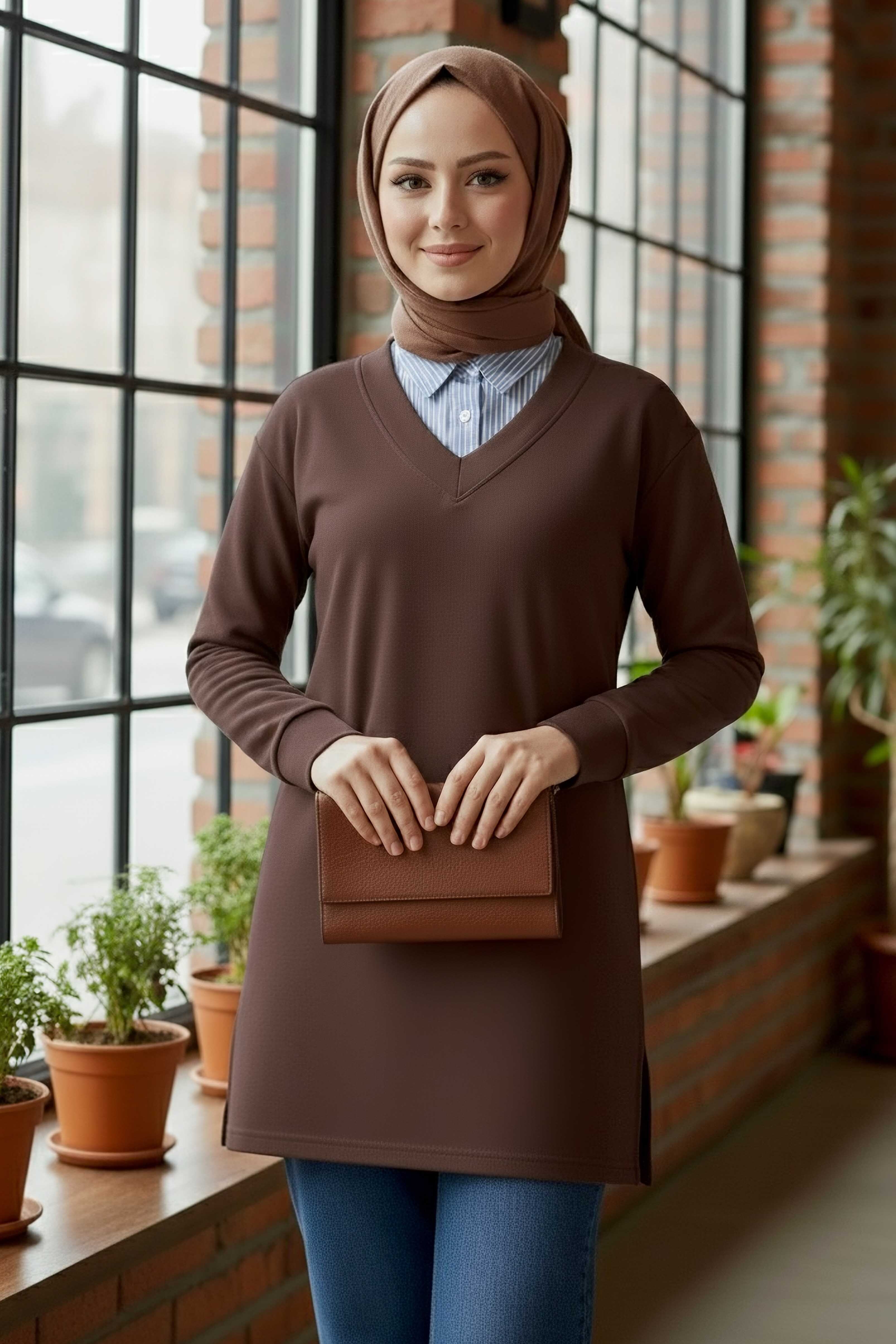 Yaka Detaylı Modal Tunik - 1026-KAHVE - 1