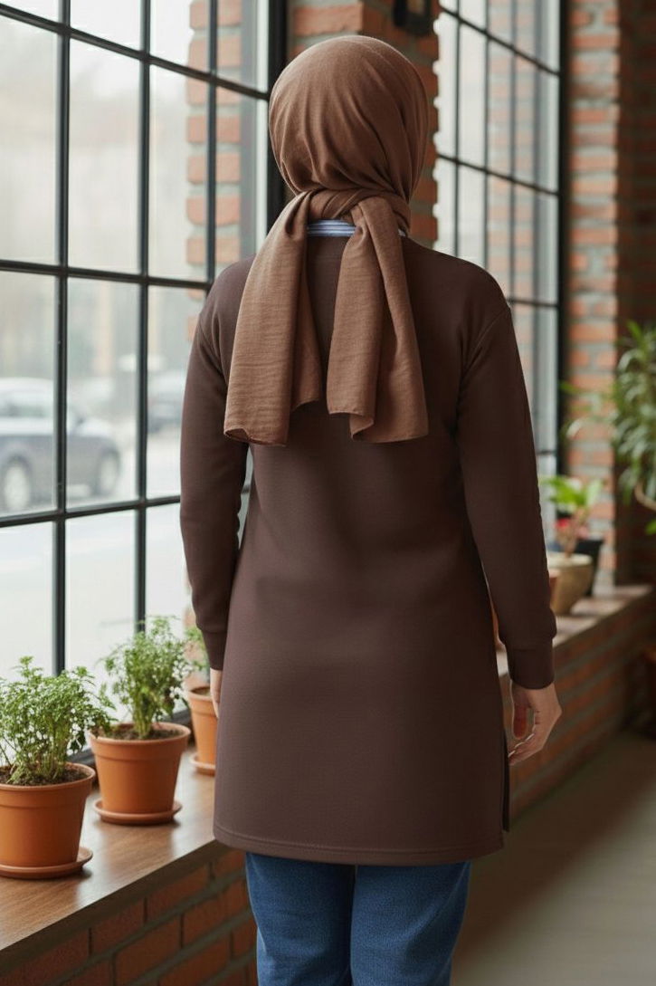 Yaka Detaylı Modal Tunik - 1026-KAHVE - TOFİSA