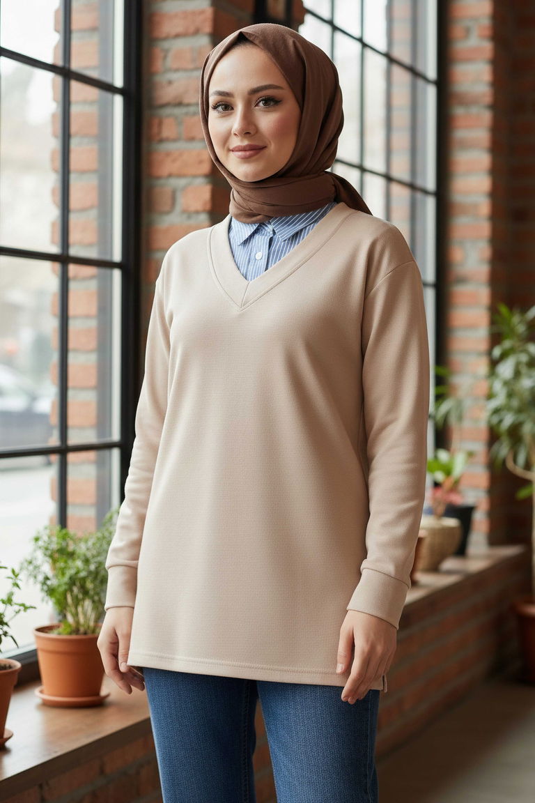 Yaka Detaylı Modal Tunik - 1026-KREM - TOFİSA