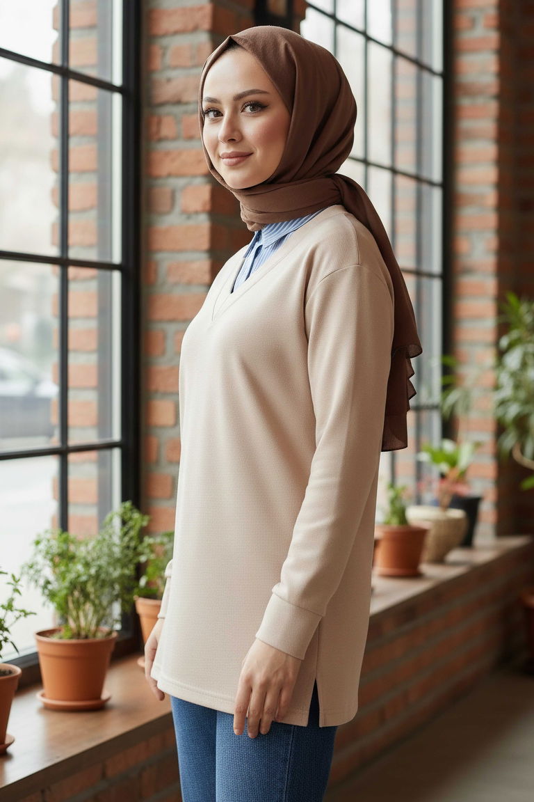 Yaka Detaylı Modal Tunik - 1026-KREM - TOFİSA