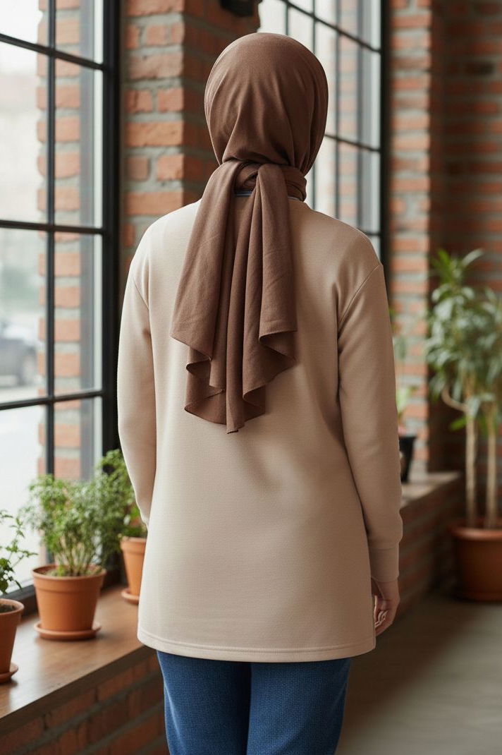 Yaka Detaylı Modal Tunik - 1026-KREM - TOFİSA