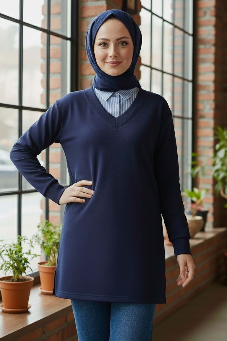 Yaka Detaylı Modal Tunik - 1026-LACIVERT - TOFİSA