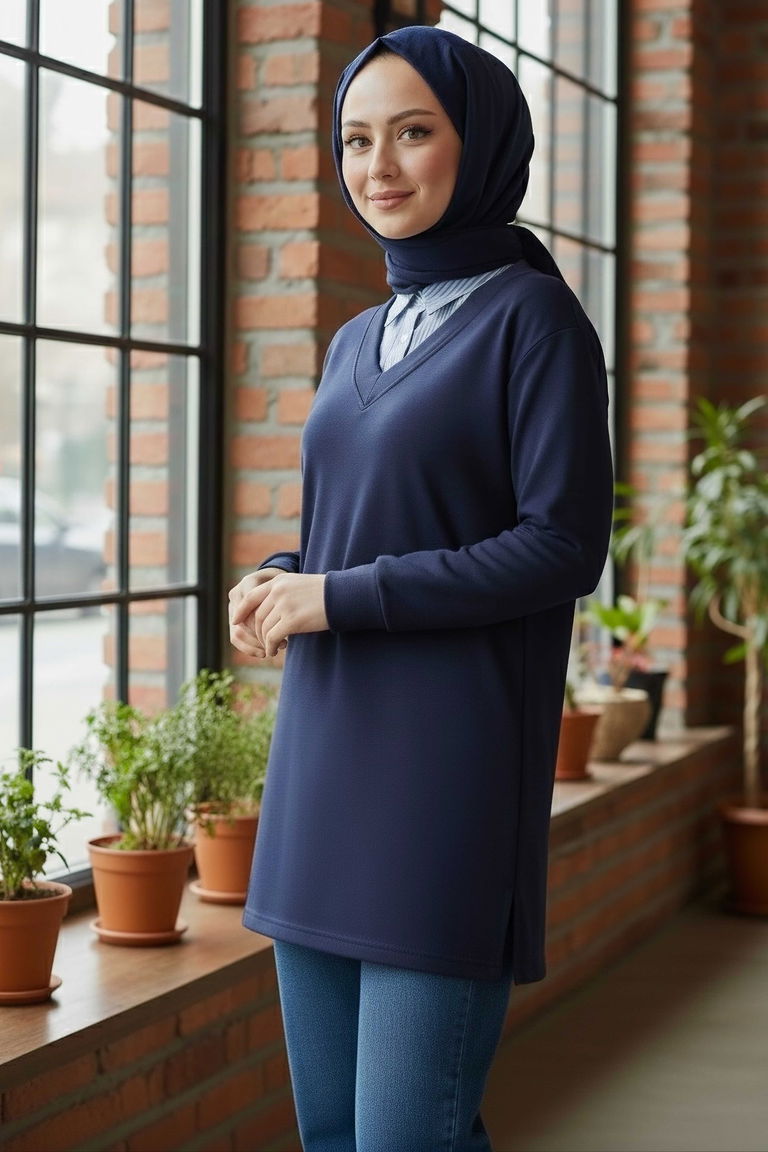 Yaka Detaylı Modal Tunik - 1026-LACIVERT - TOFİSA