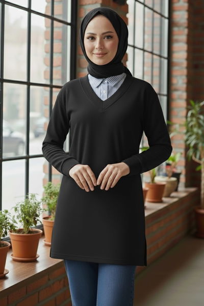 Yaka Detaylı Modal Tunik - 1026-SIYAH 