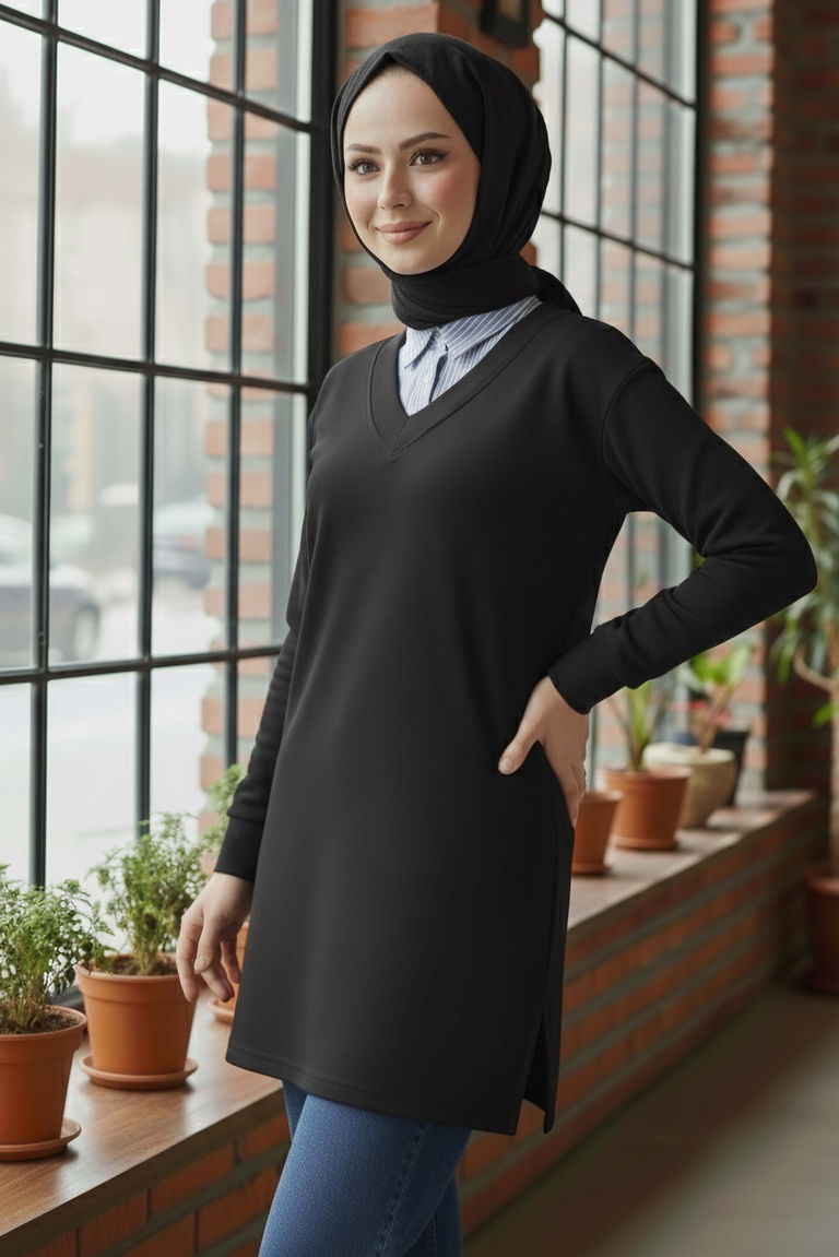 Yaka Detaylı Modal Tunik - 1026-SIYAH - TOFİSA