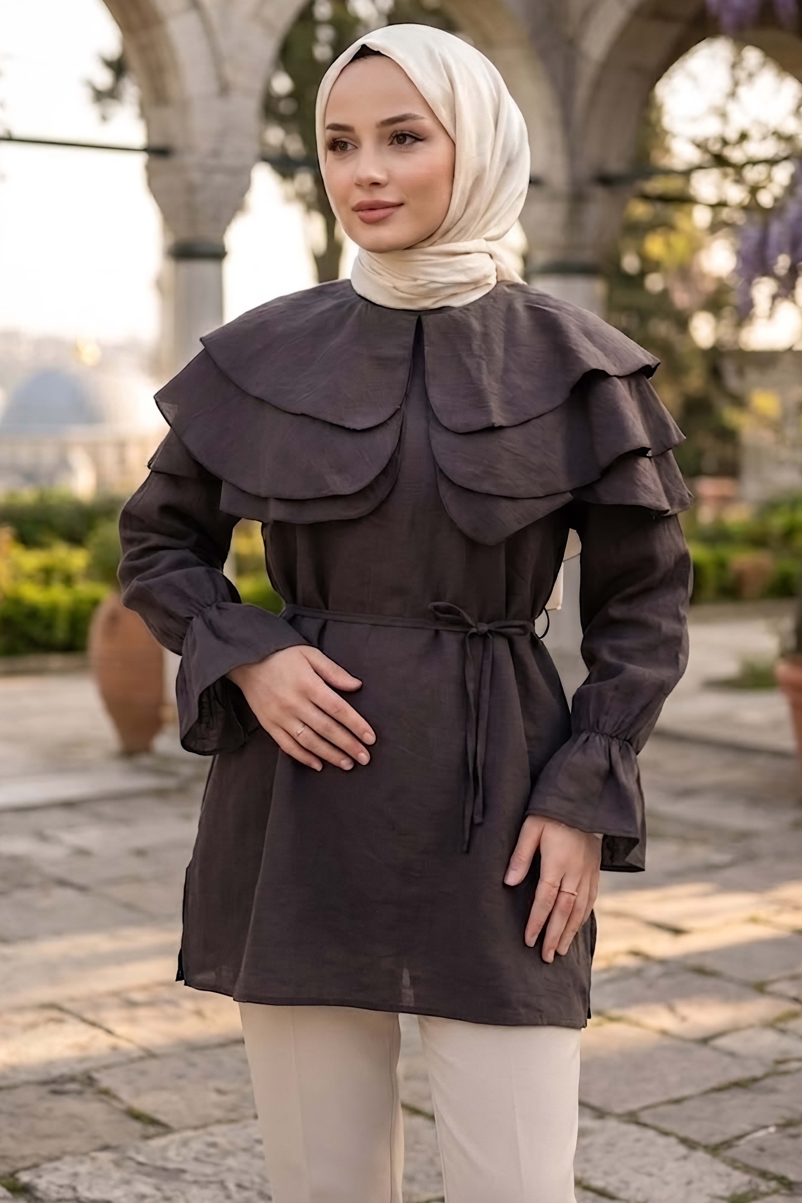 Yaka Fırfır Detaylı Gömlek Kahve - 28883-KAHVE - 1