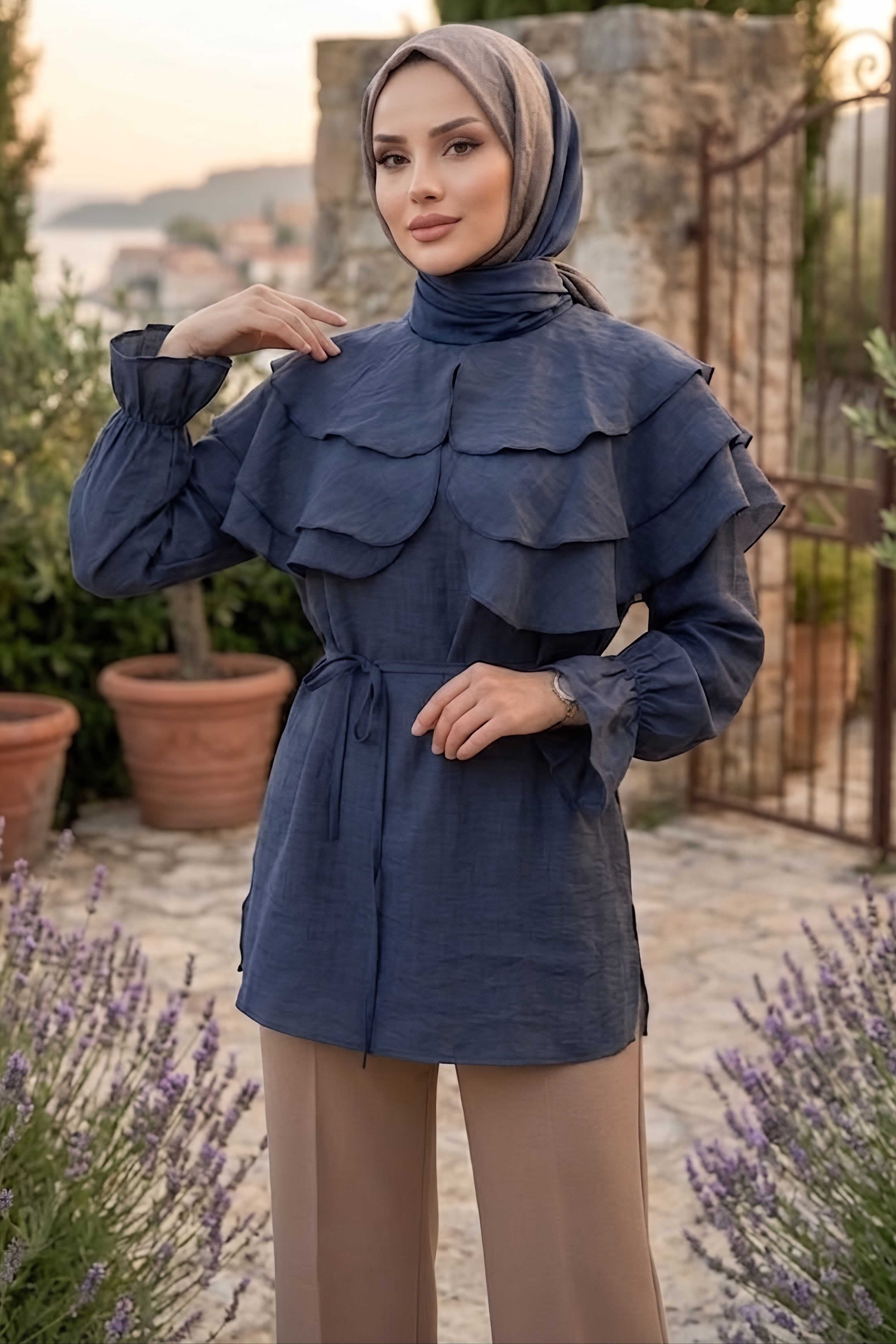 Yaka Fırfır Detaylı Gömlek Lacivert - 28883-LACIVERT - 2