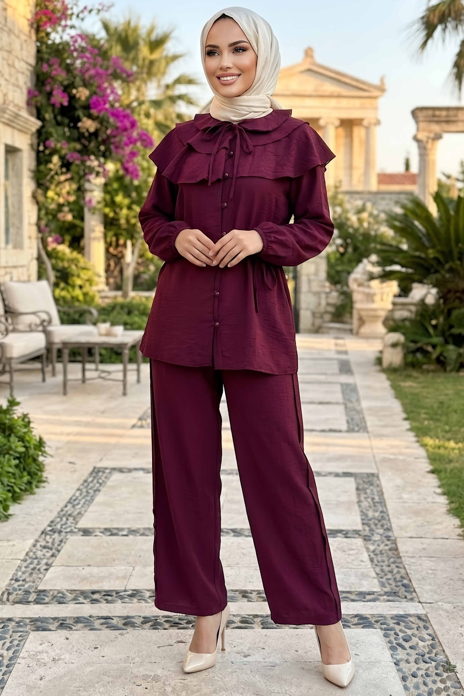 Yaka Fırfır Detaylı İkili Takım Bordo - 28984-BORDO - 1