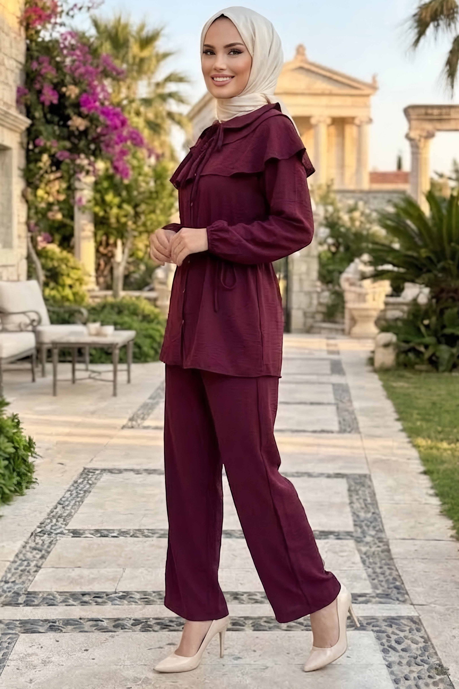 Yaka Fırfır Detaylı İkili Takım Bordo - 28984-BORDO - 2