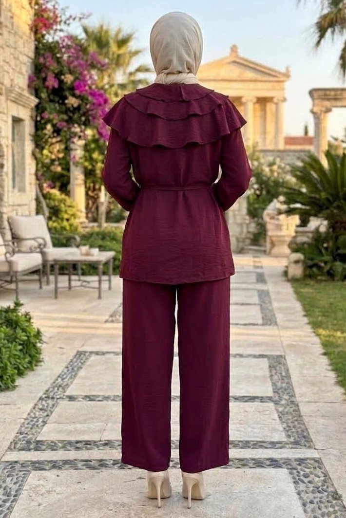 Yaka Fırfır Detaylı İkili Takım Bordo - 28984-BORDO - 3