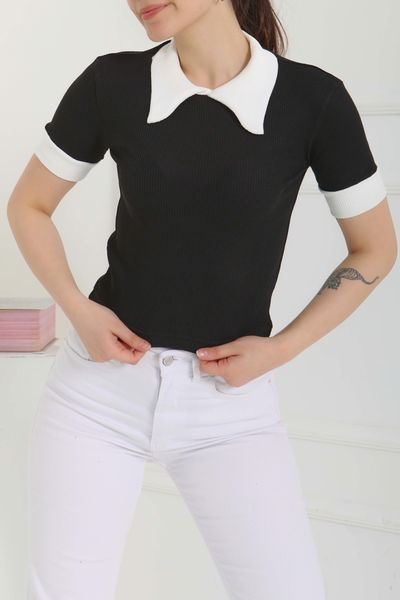 Yaka Garnili Crop Siyah - 27139 