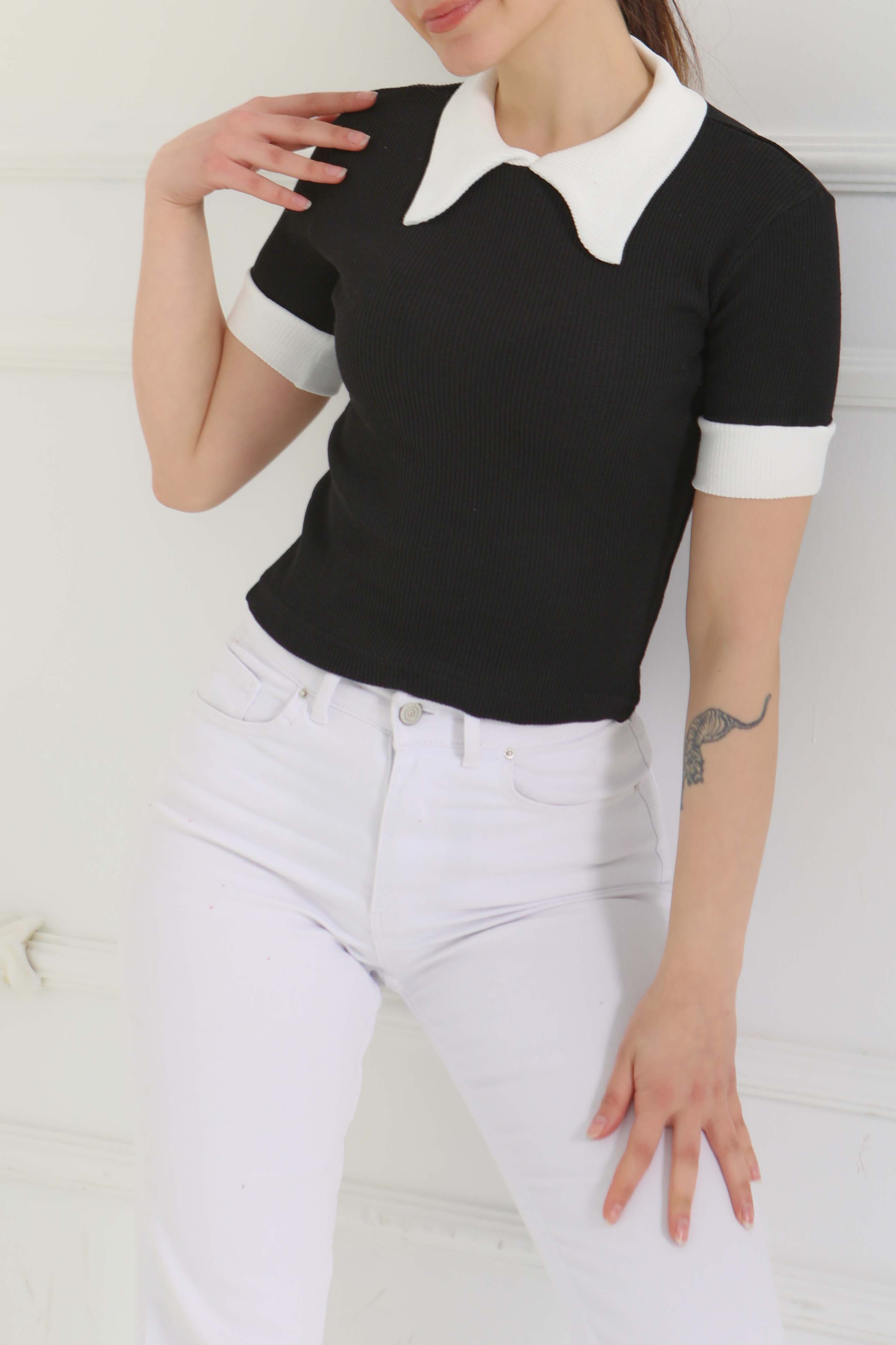 Yaka Garnili Crop Siyah - 27139 - 5
