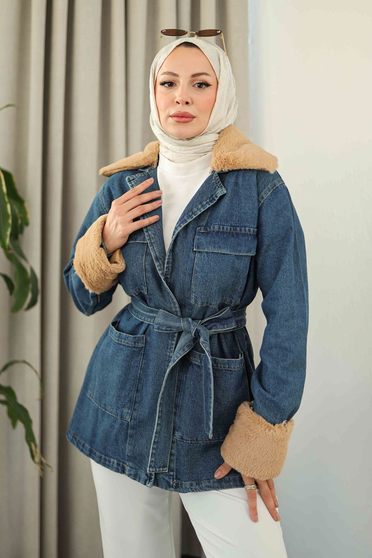 Yaka Kol Kürk Detaylı Kot Ceket - 27827-KOYU-MAVI - TOFİSA