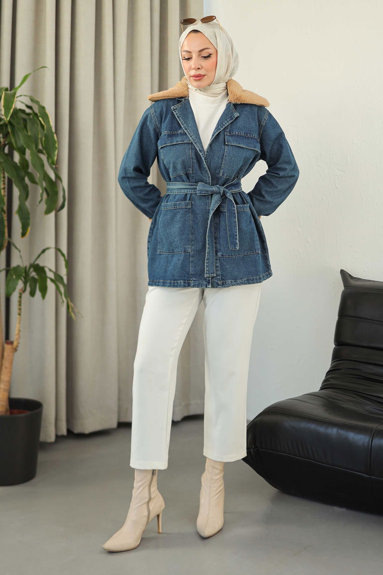 Yaka Kol Kürk Detaylı Kot Ceket - 27827-KOYU-MAVI - TOFİSA