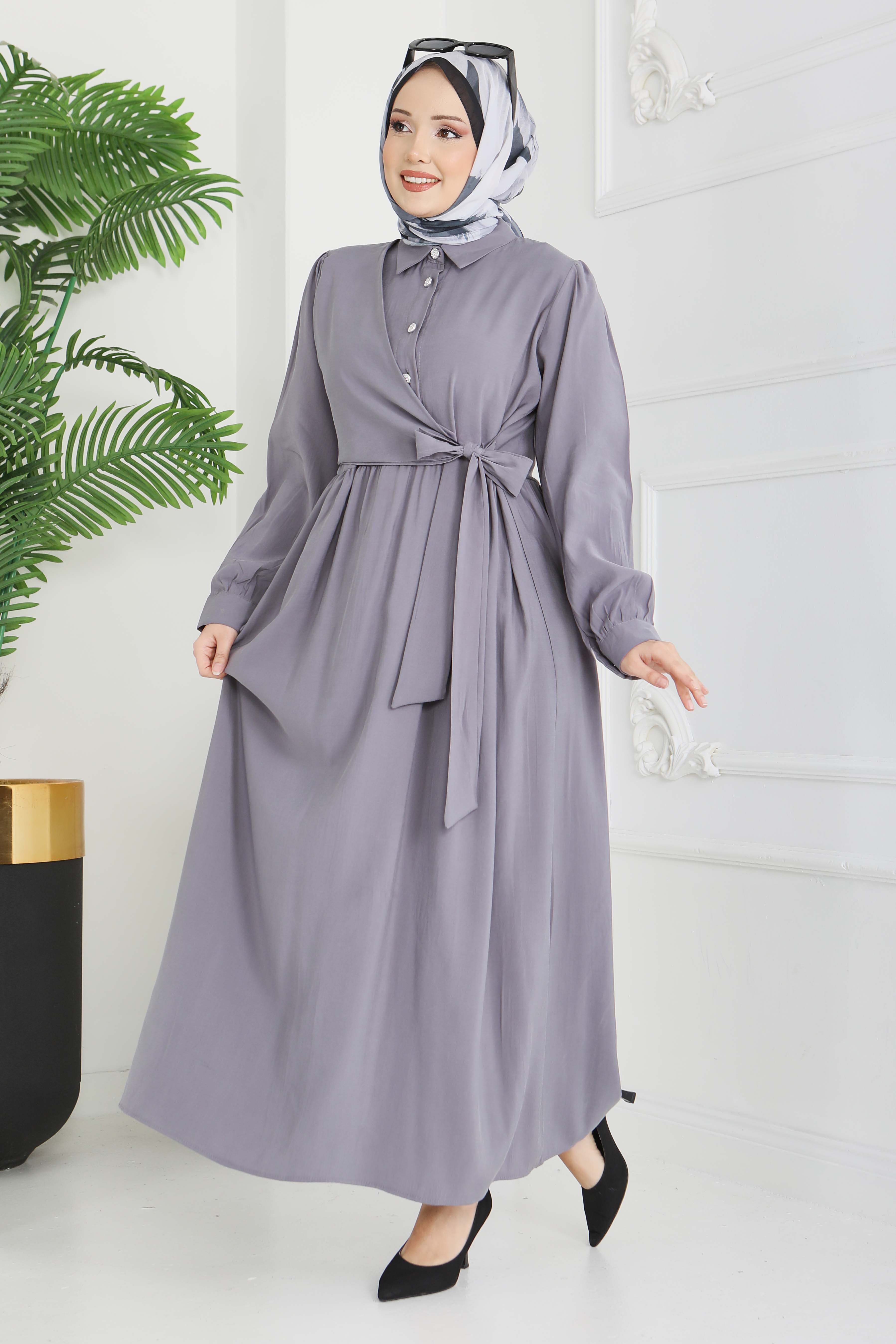 Yan Bağlamalı Düğmeli Elbise - 28222-FUME - 1