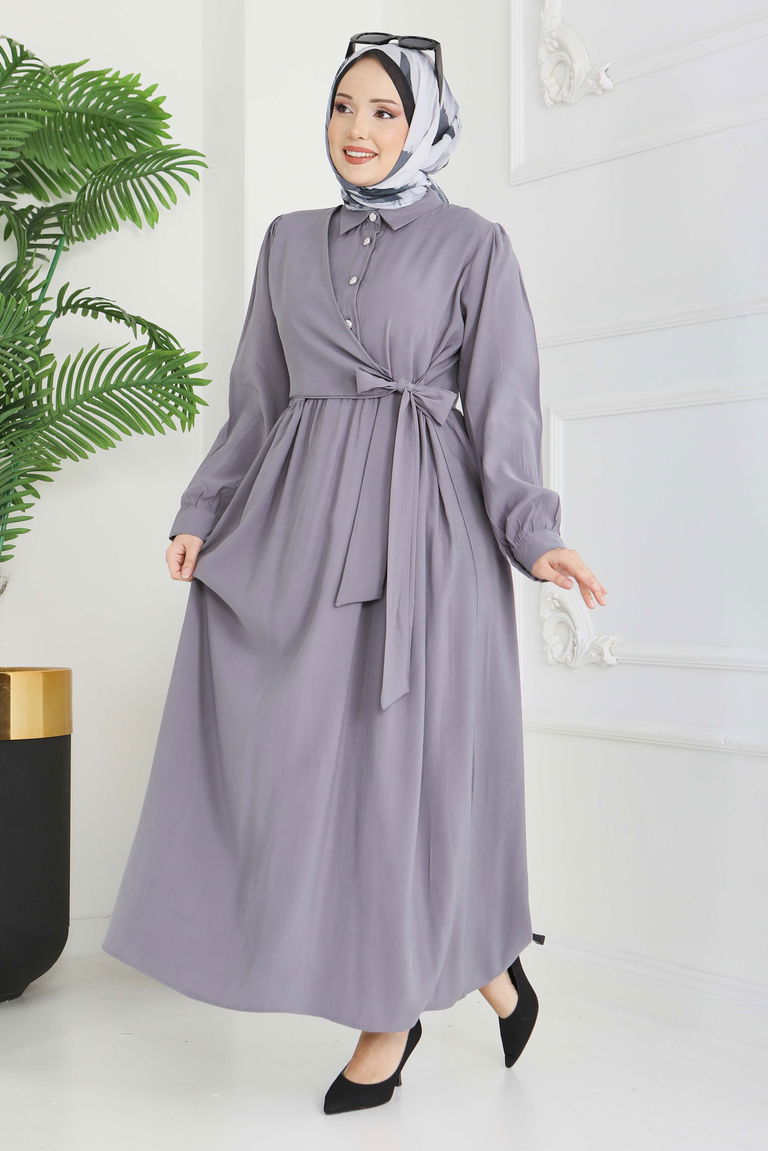 Yan Bağlamalı Düğmeli Elbise - 28222-FUME - TOFİSA