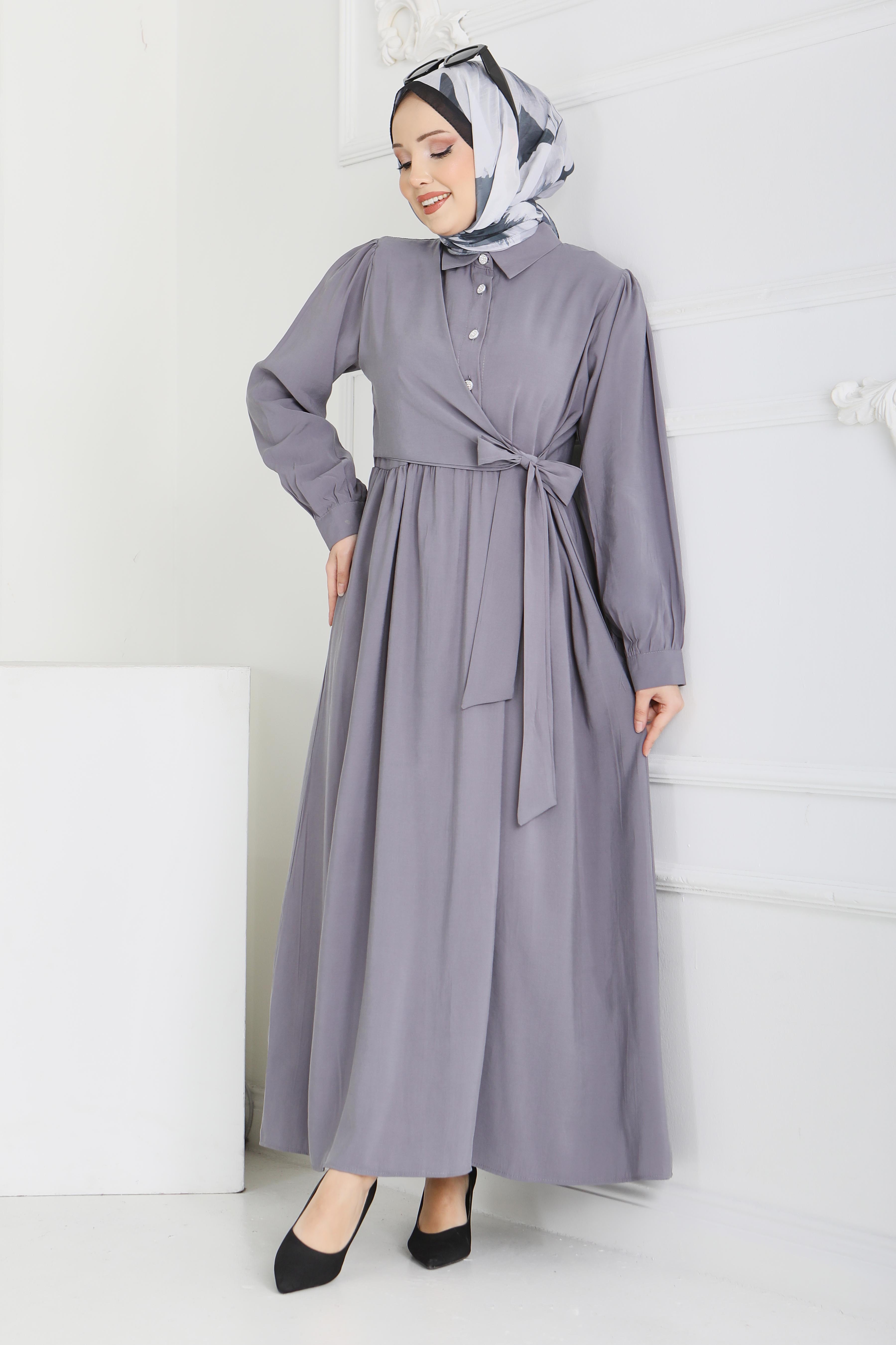 Yan Bağlamalı Düğmeli Elbise - 28222-FUME - 2