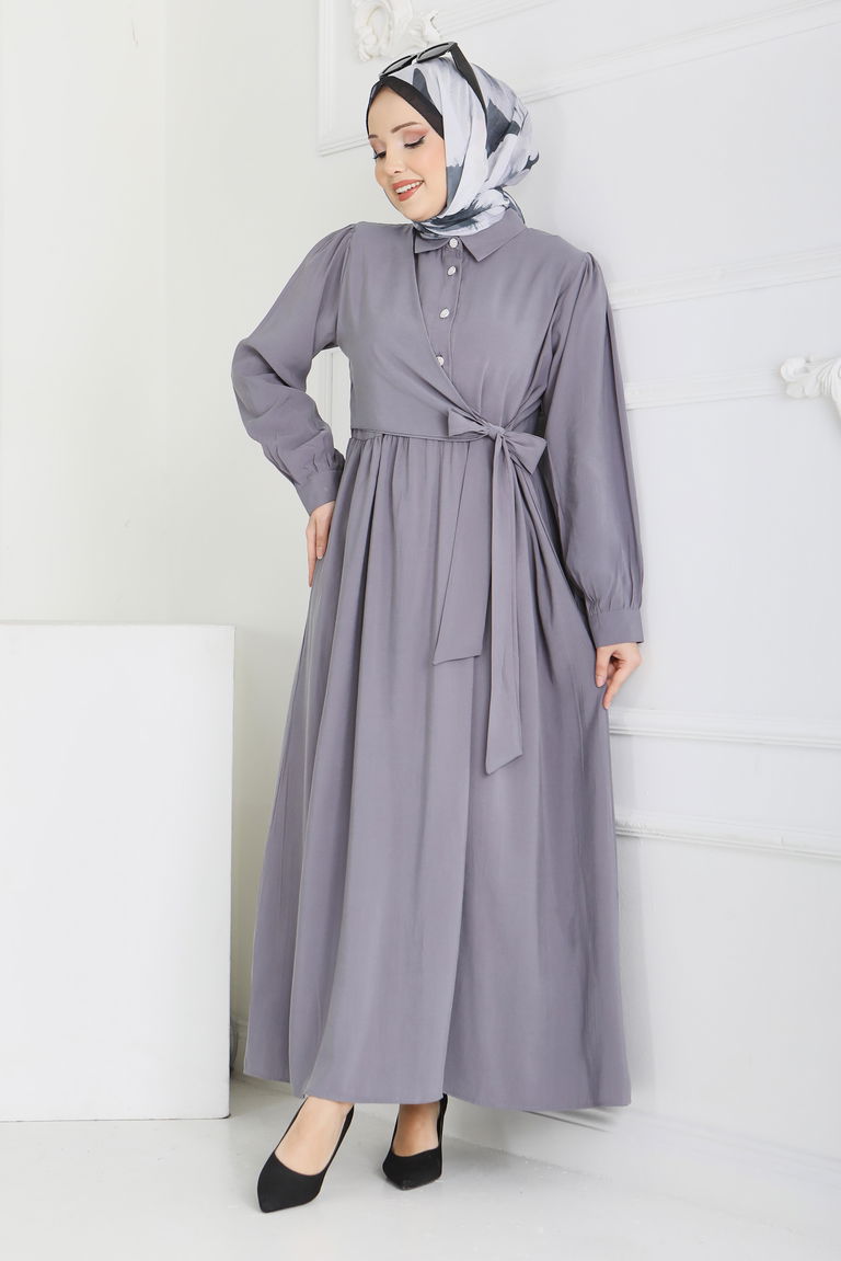 Yan Bağlamalı Düğmeli Elbise - 28222-FUME - TOFİSA