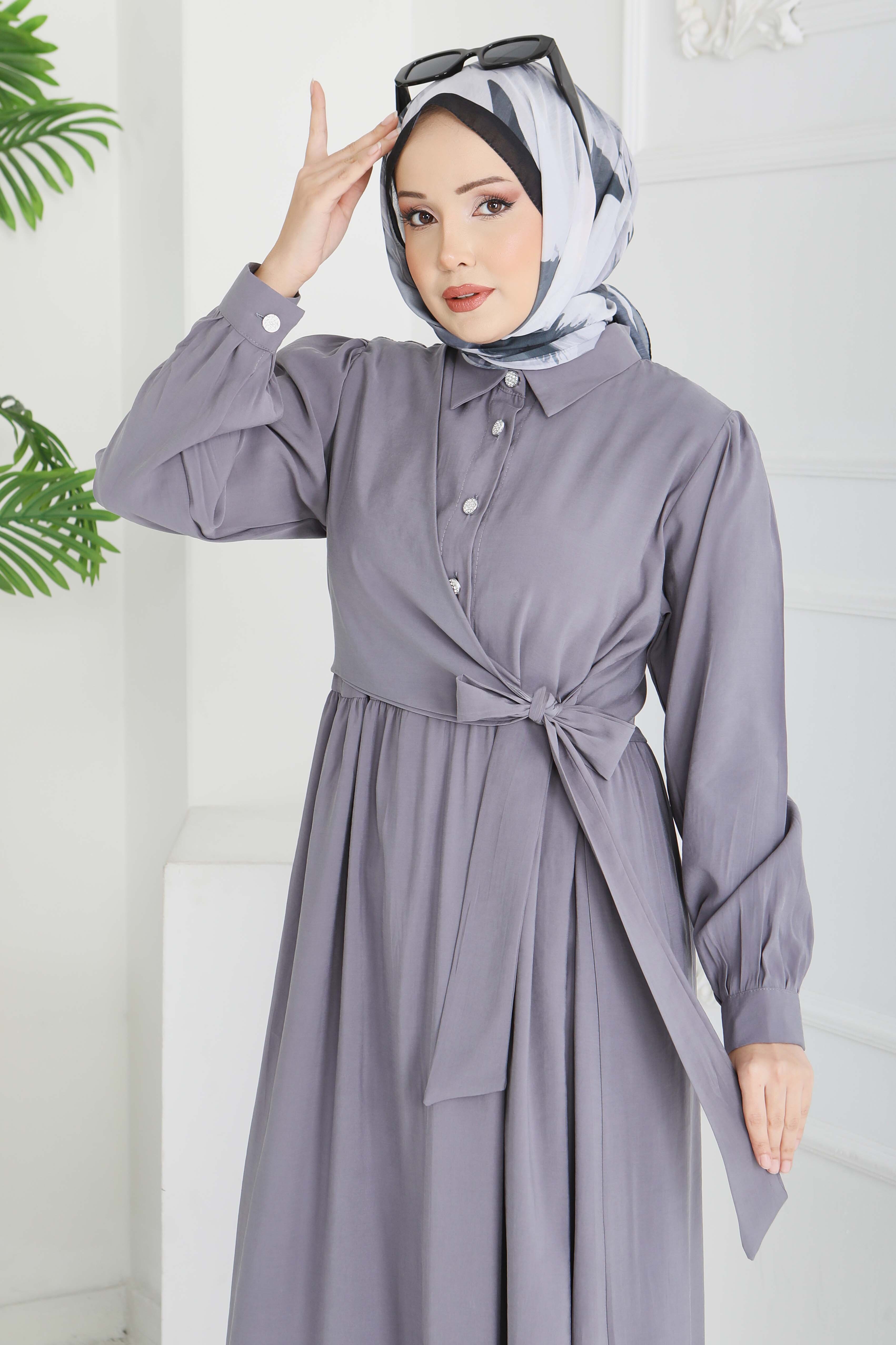 Yan Bağlamalı Düğmeli Elbise - 28222-FUME - 3