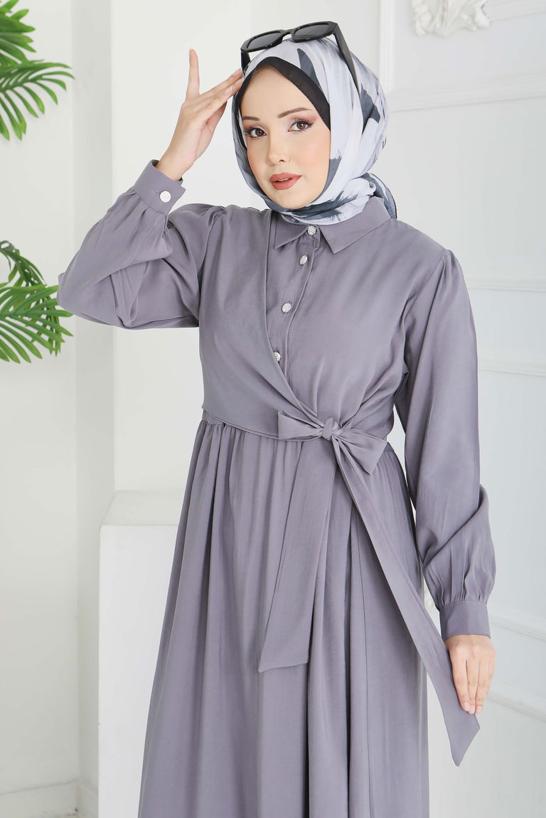 Yan Bağlamalı Düğmeli Elbise - 28222-FUME - TOFİSA