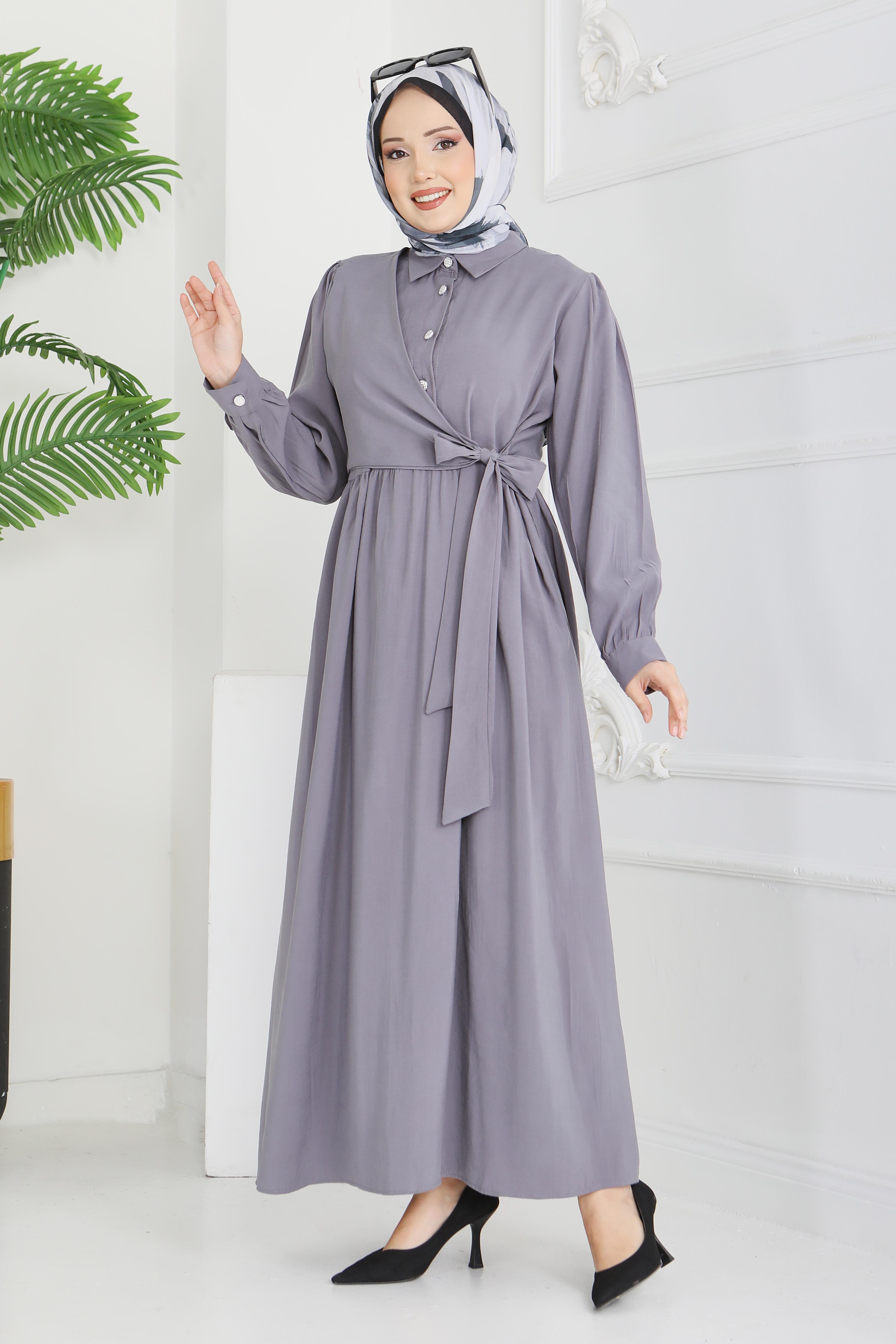 Yan Bağlamalı Düğmeli Elbise - 28222-FUME - 4