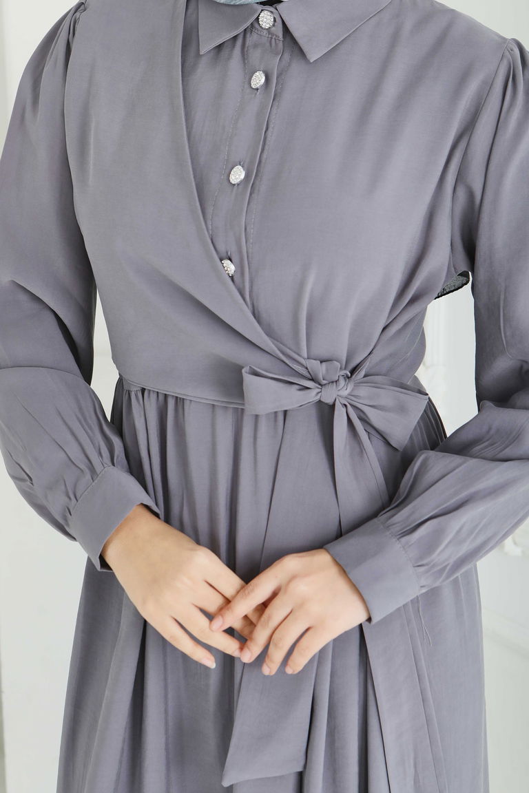 Yan Bağlamalı Düğmeli Elbise - 28222-FUME - TOFİSA