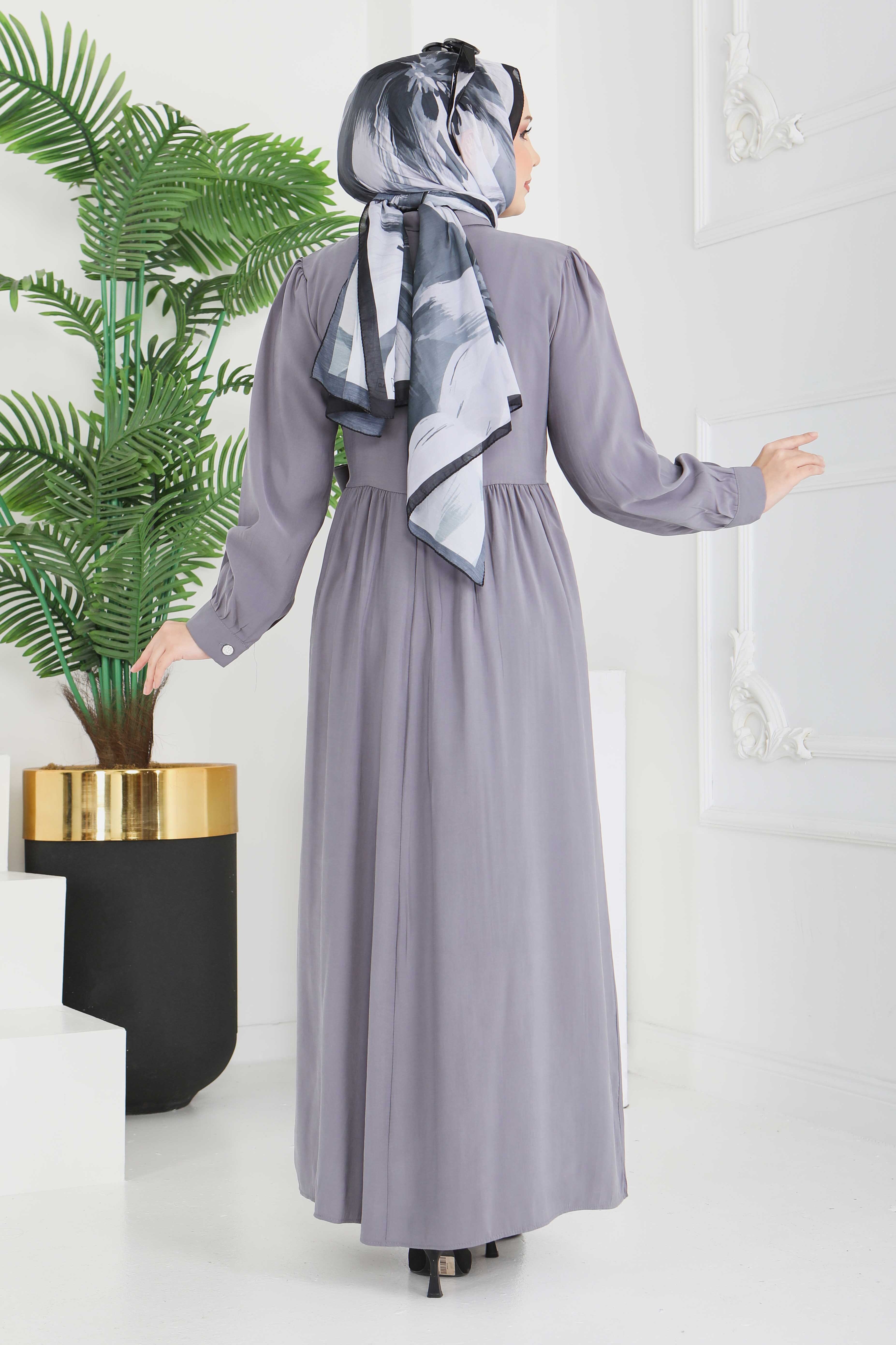 Yan Bağlamalı Düğmeli Elbise - 28222-FUME - 6