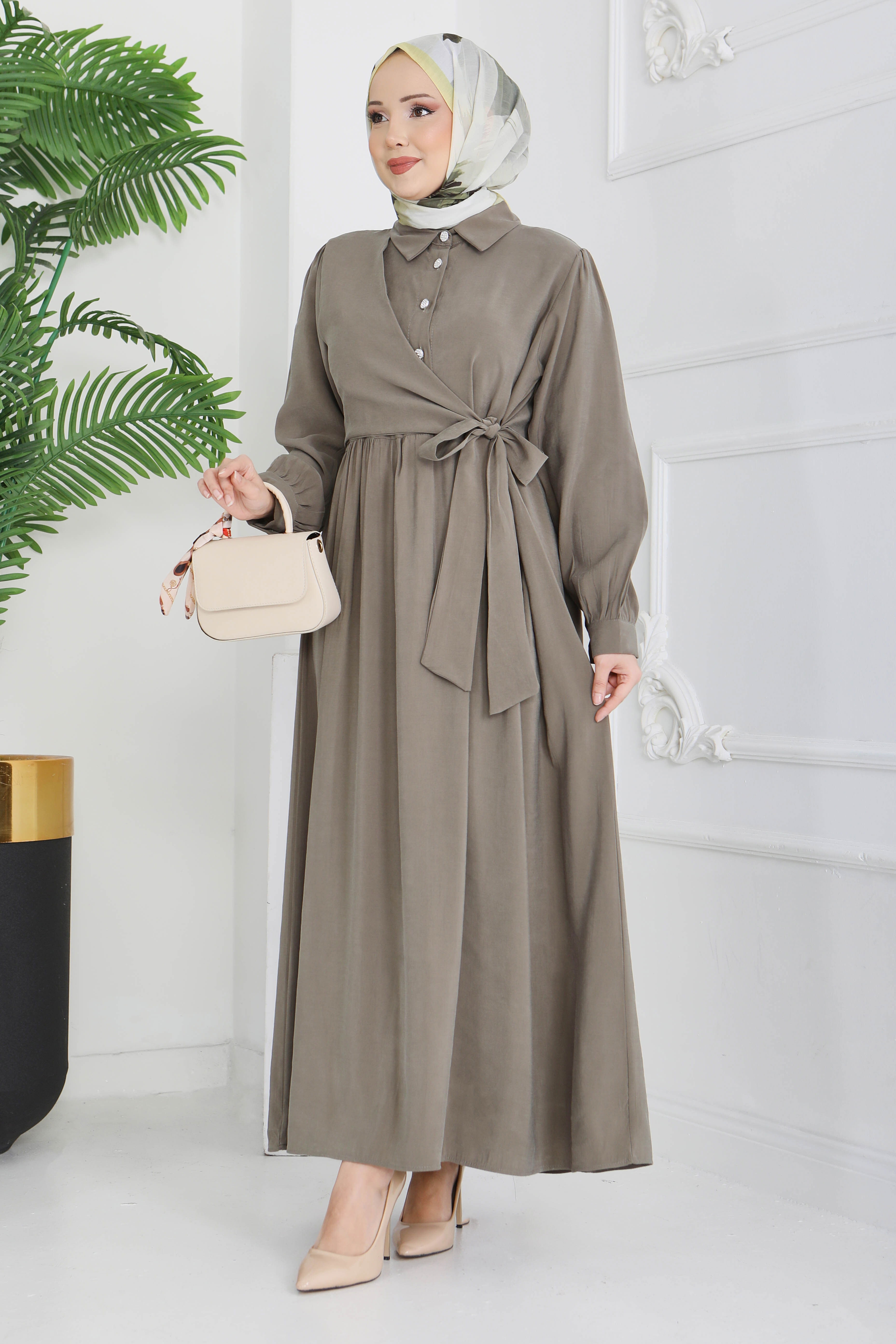 Yan Bağlamalı Düğmeli Elbise - 28222-HAKI - 2