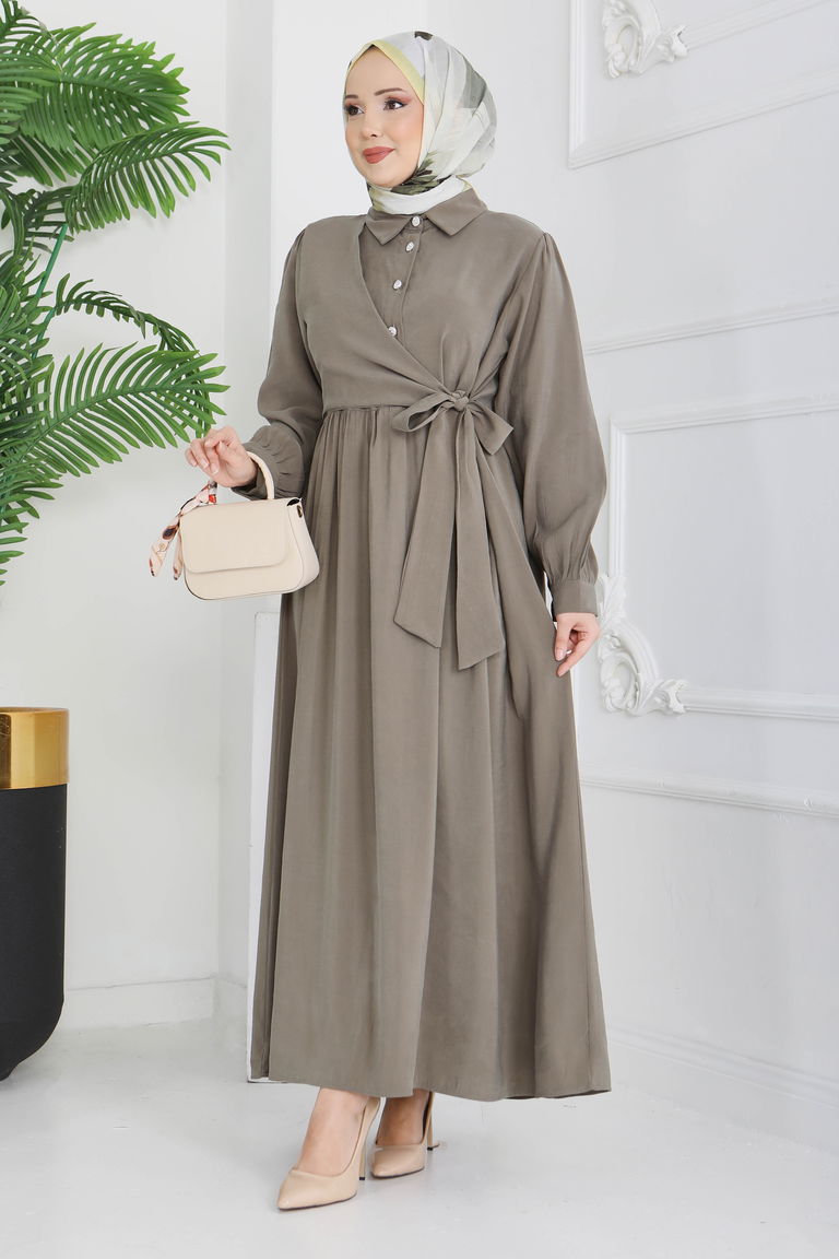 Yan Bağlamalı Düğmeli Elbise - 28222-HAKI - TOFİSA