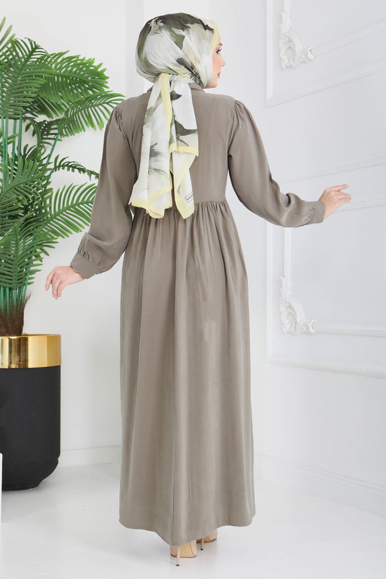 Yan Bağlamalı Düğmeli Elbise - 28222-HAKI - TOFİSA