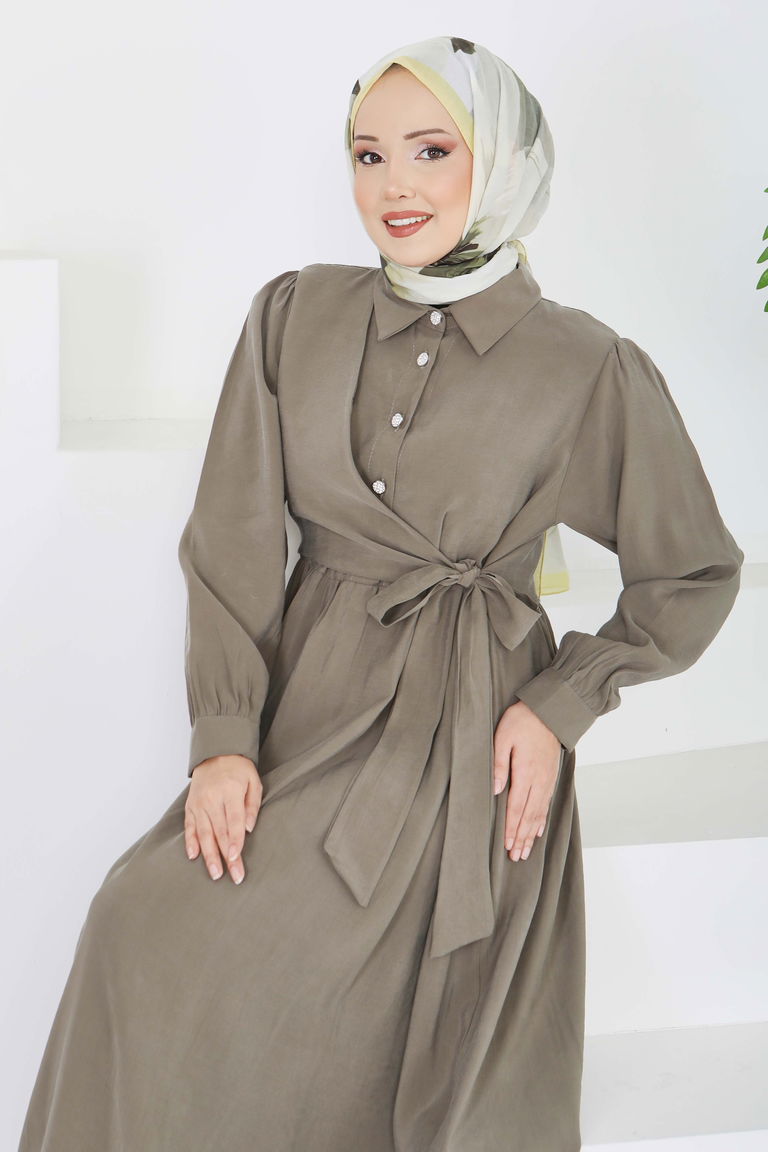 Yan Bağlamalı Düğmeli Elbise - 28222-HAKI - TOFİSA