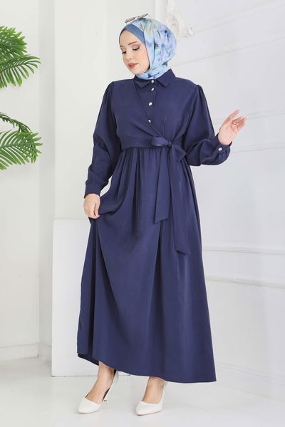 Yan Bağlamalı Düğmeli Elbise - 28222-LACIVERT 