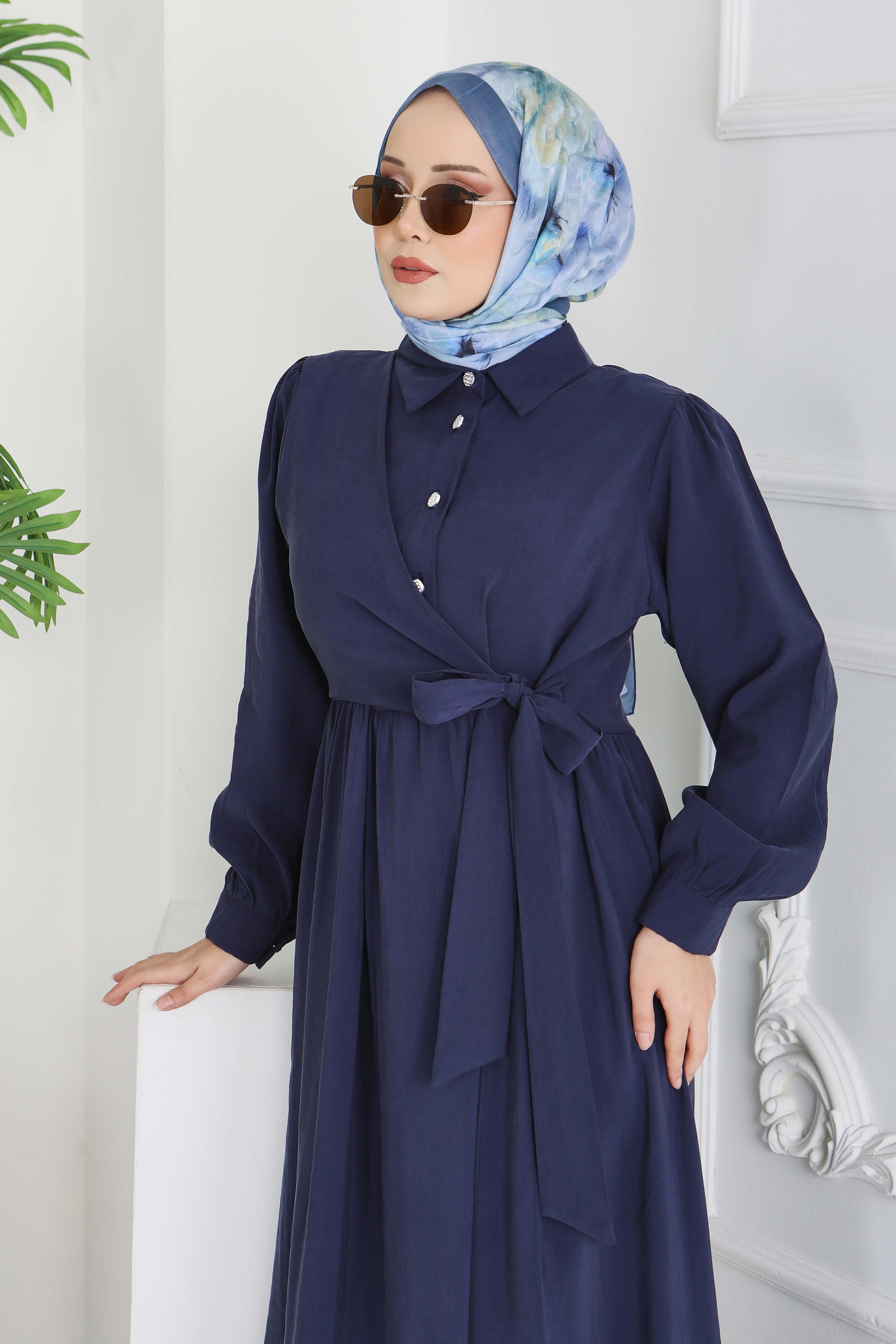 Yan Bağlamalı Düğmeli Elbise - 28222-LACIVERT - 2