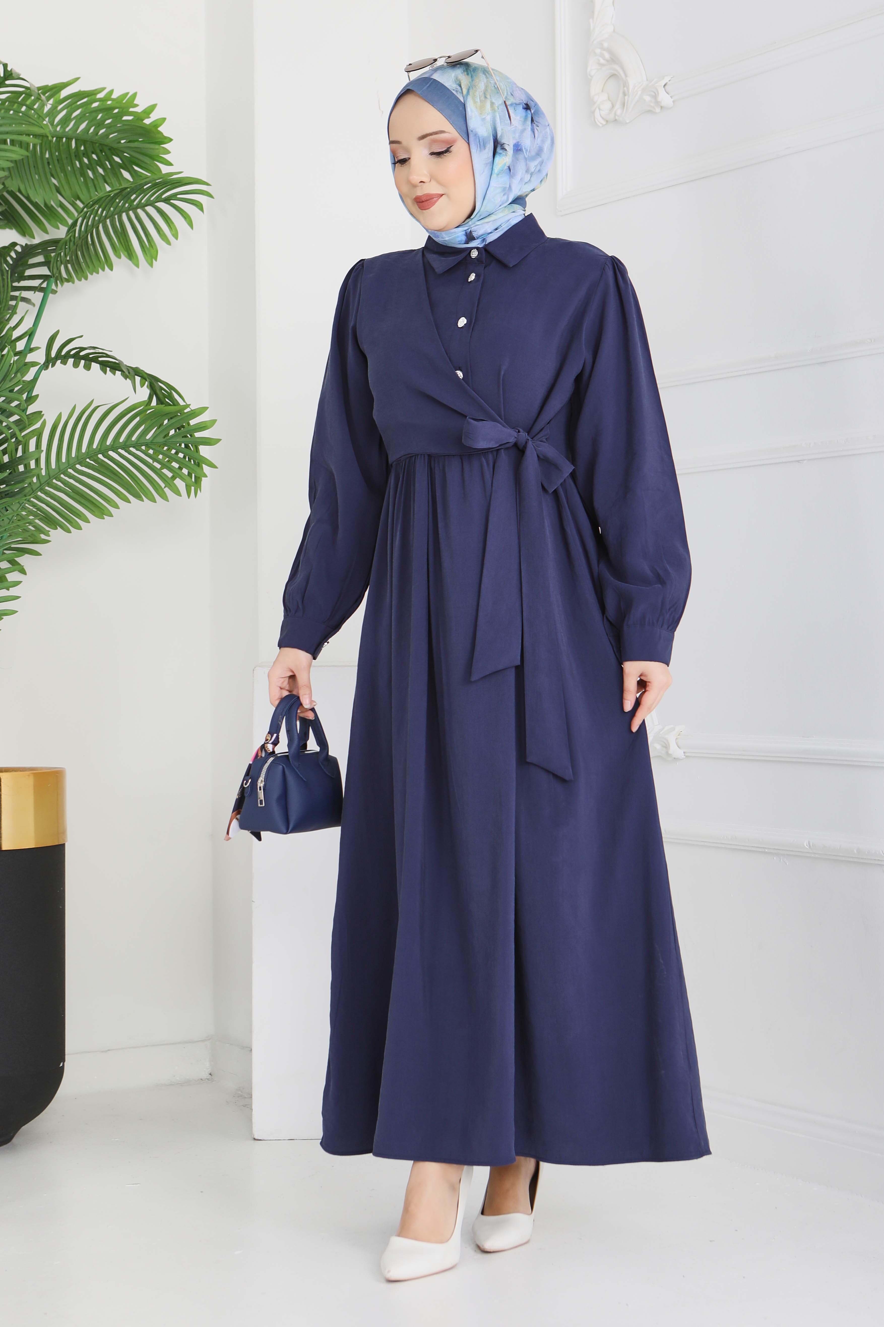 Yan Bağlamalı Düğmeli Elbise - 28222-LACIVERT - 3