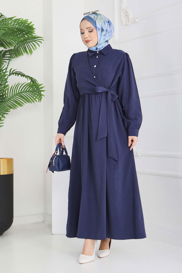 Yan Bağlamalı Düğmeli Elbise - 28222-LACIVERT - TOFİSA