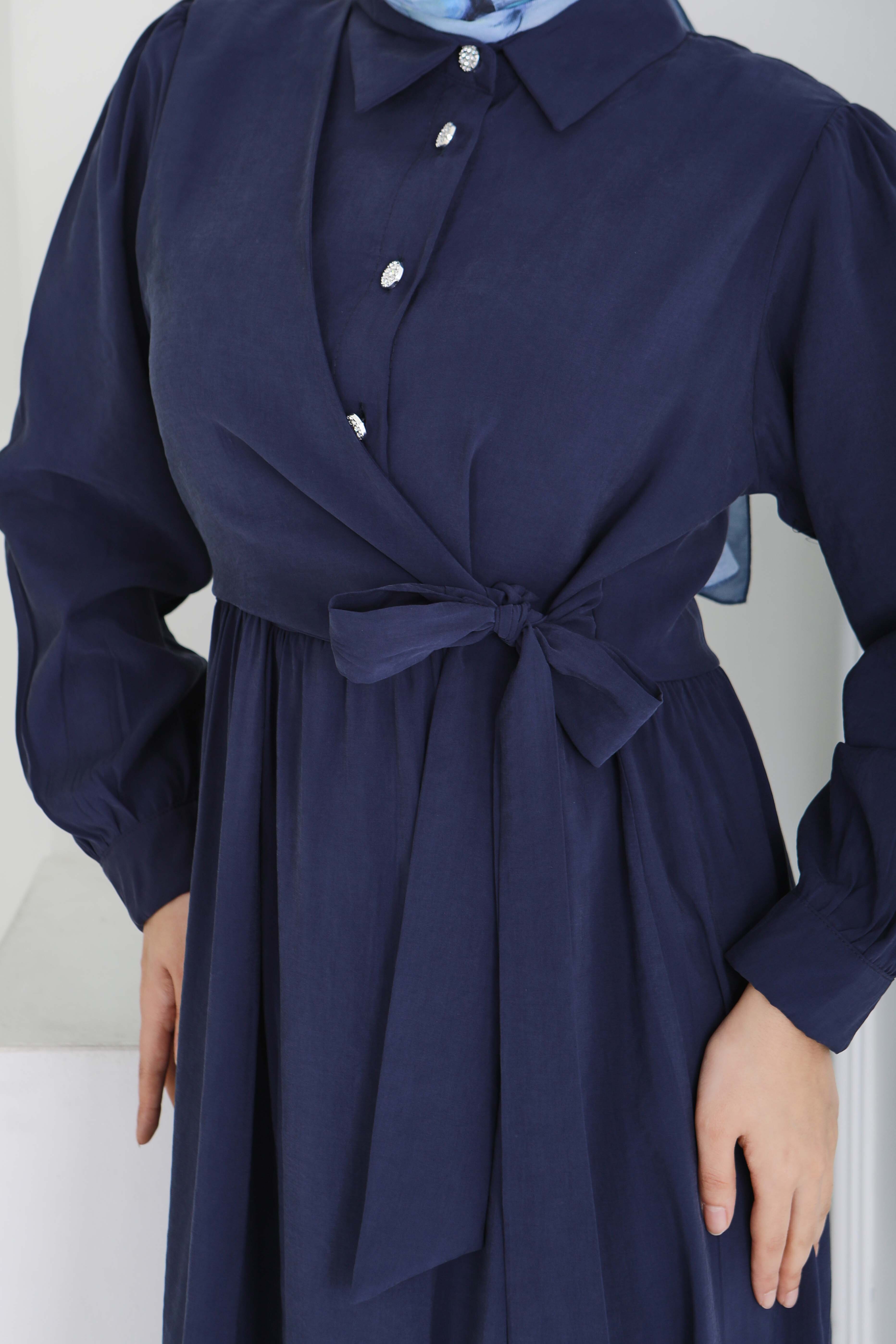 Yan Bağlamalı Düğmeli Elbise - 28222-LACIVERT - 4