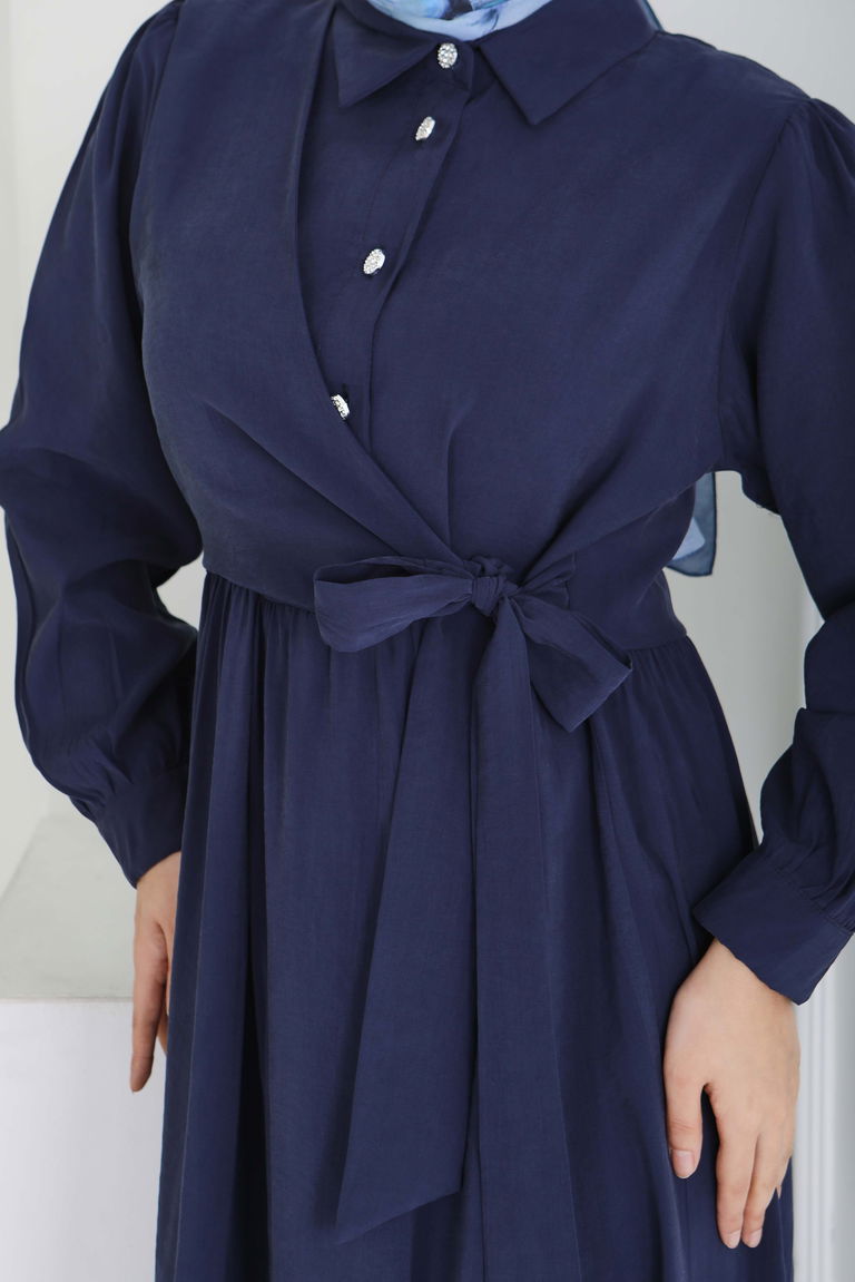 Yan Bağlamalı Düğmeli Elbise - 28222-LACIVERT - TOFİSA