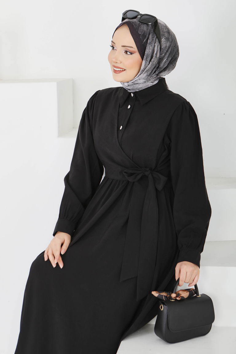 Yan Bağlamalı Düğmeli Elbise - 28222-SIYAH - TOFİSA