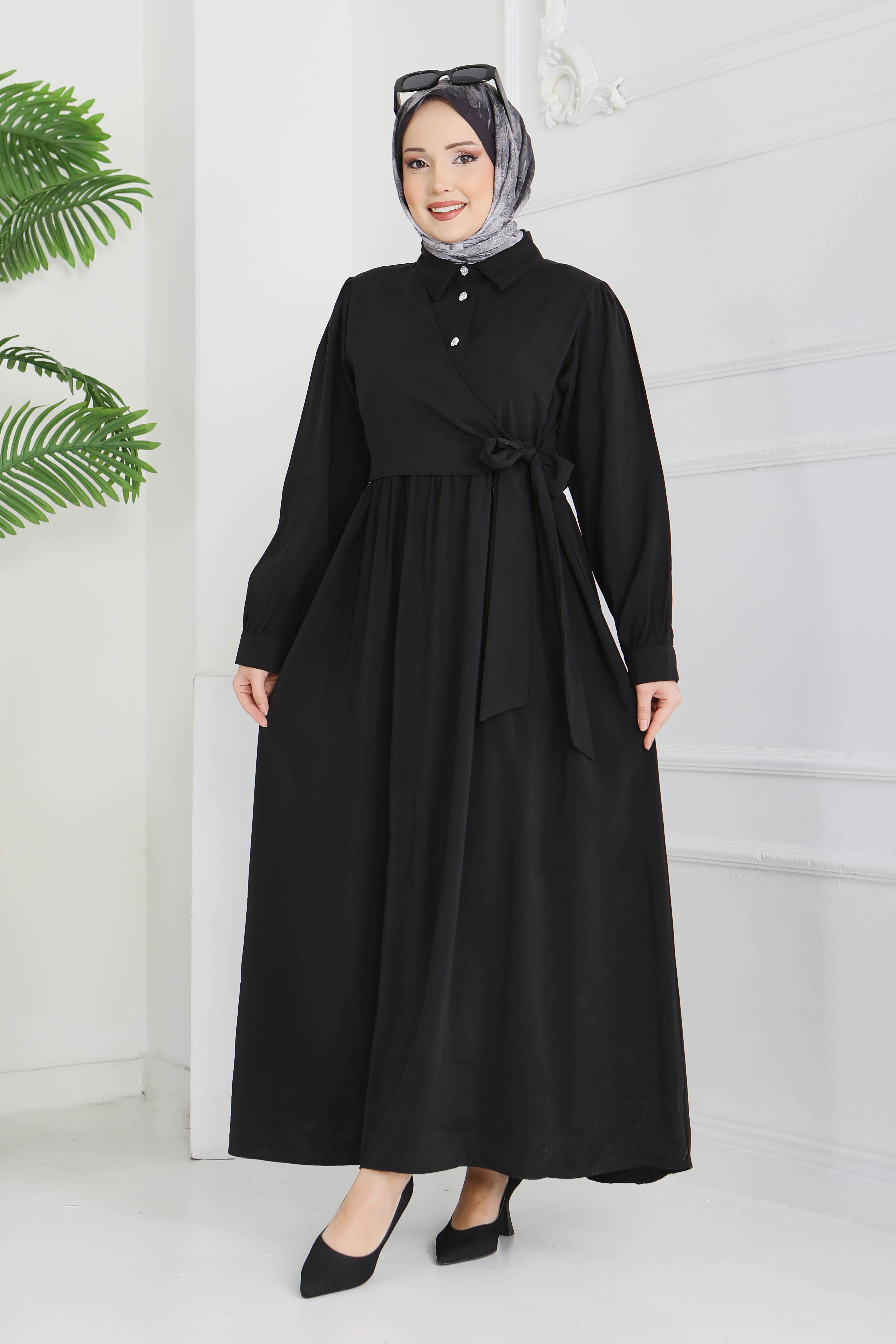 Yan Bağlamalı Düğmeli Elbise - 28222-SIYAH - 2