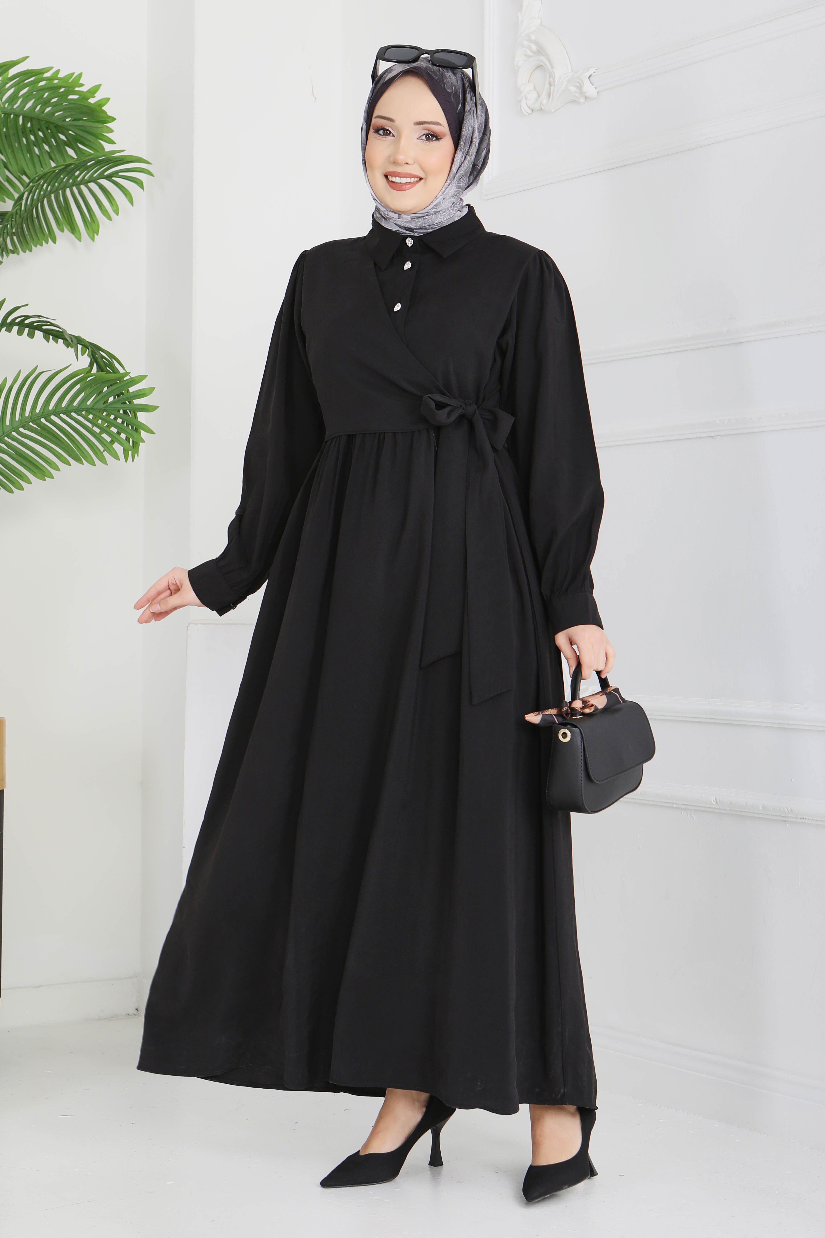 Yan Bağlamalı Düğmeli Elbise - 28222-SIYAH - 3