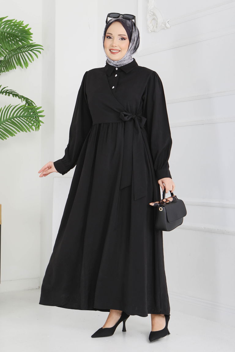 Yan Bağlamalı Düğmeli Elbise - 28222-SIYAH - TOFİSA