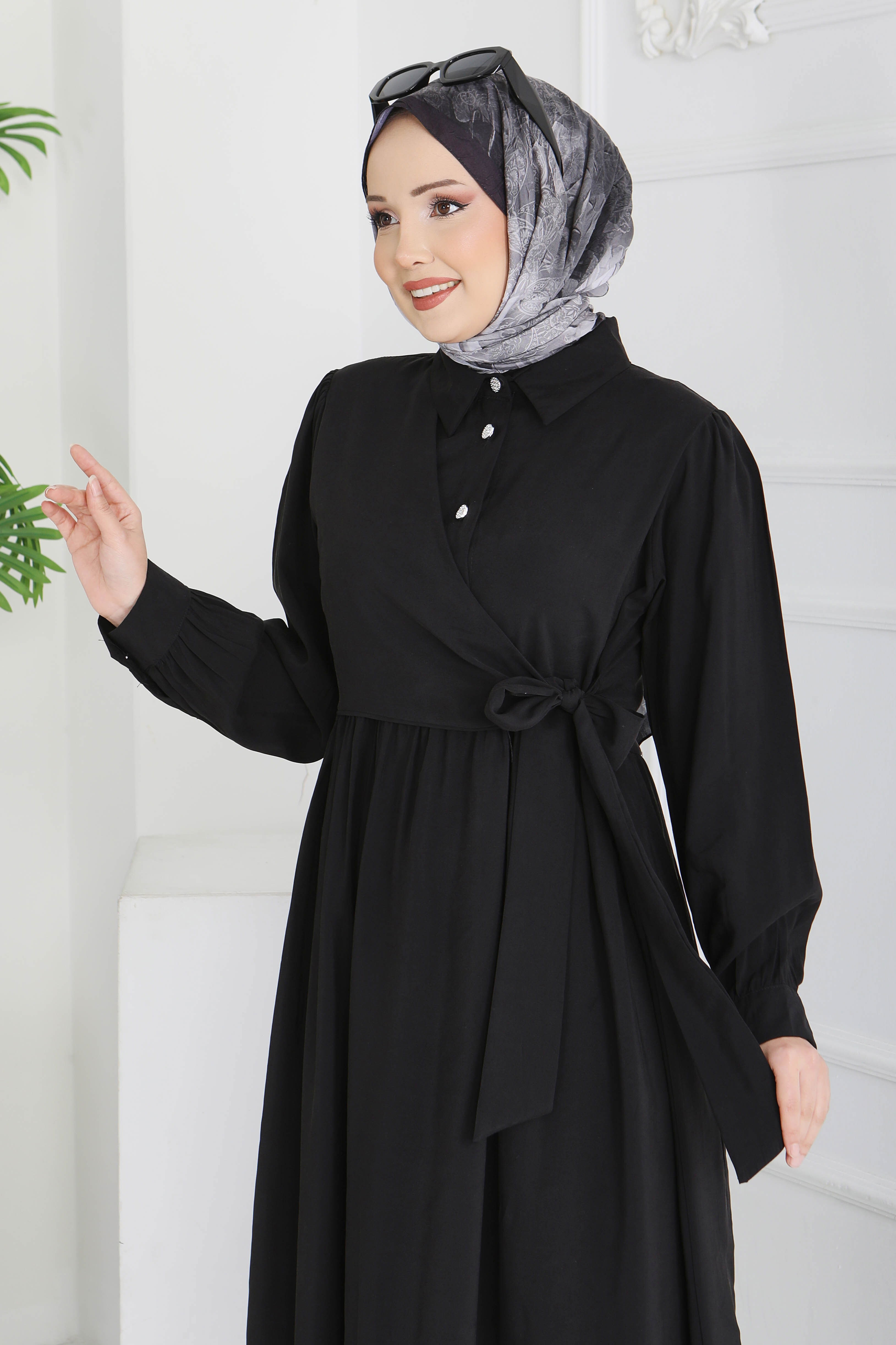 Yan Bağlamalı Düğmeli Elbise - 28222-SIYAH - 4