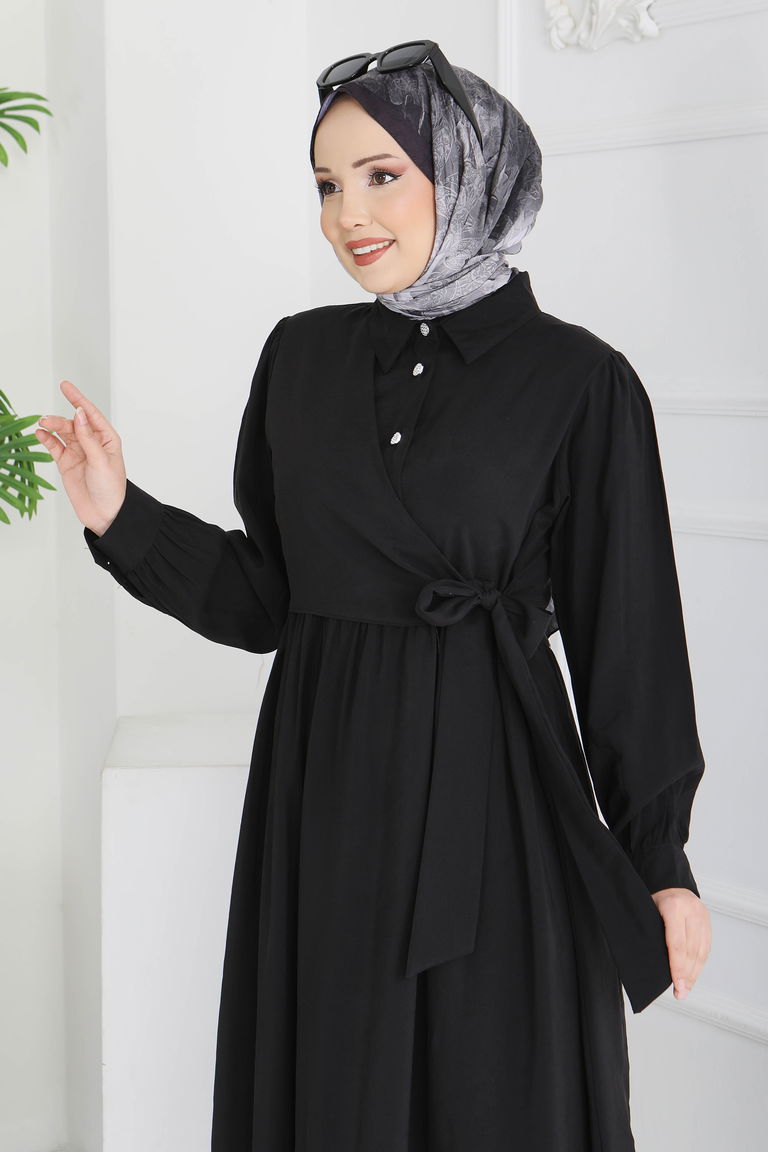 Yan Bağlamalı Düğmeli Elbise - 28222-SIYAH - TOFİSA