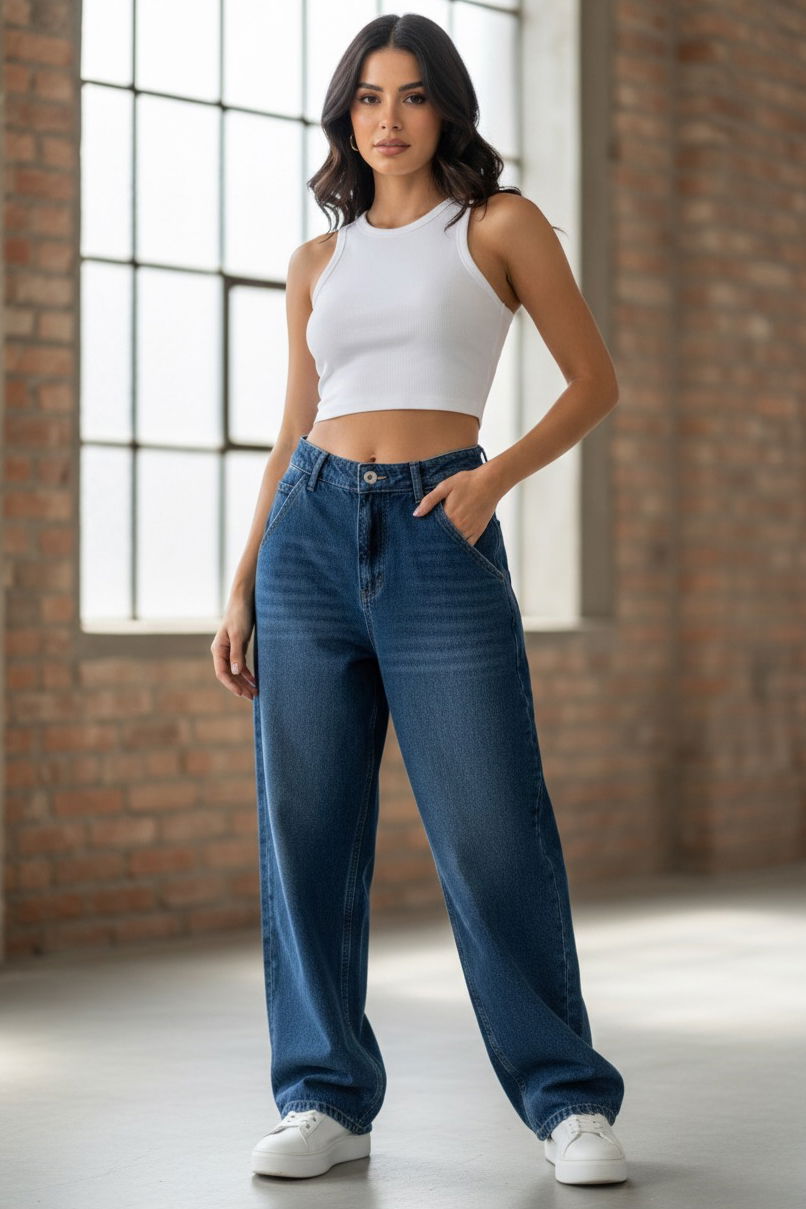 Yan Cepli Baggy Pantolon - 27359-KOYU-MAVI - 1